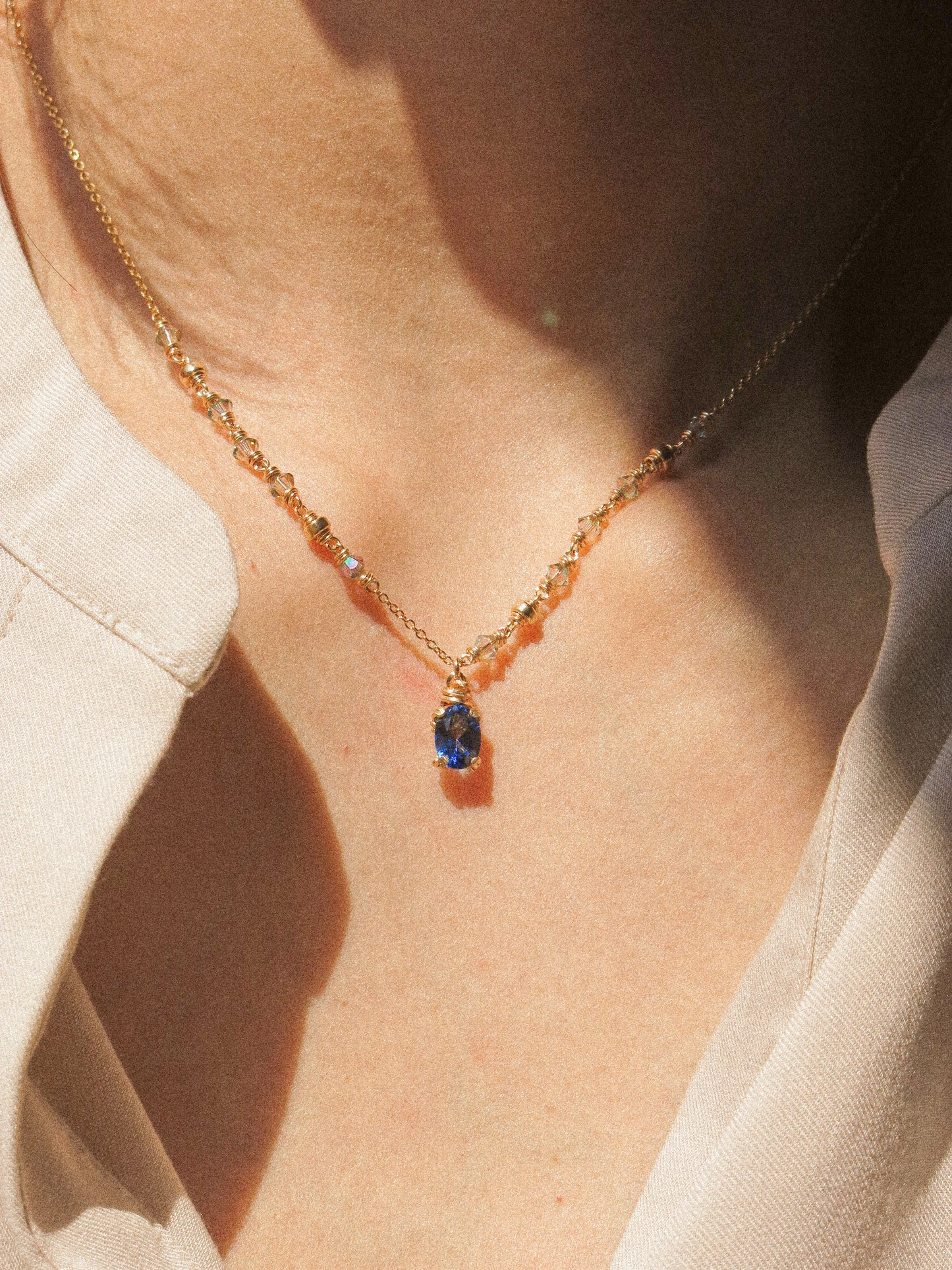 Faceted Blue Topaz in Prong Setting Necklace #1 with Swarovski Crystals, 14K Gold Fill