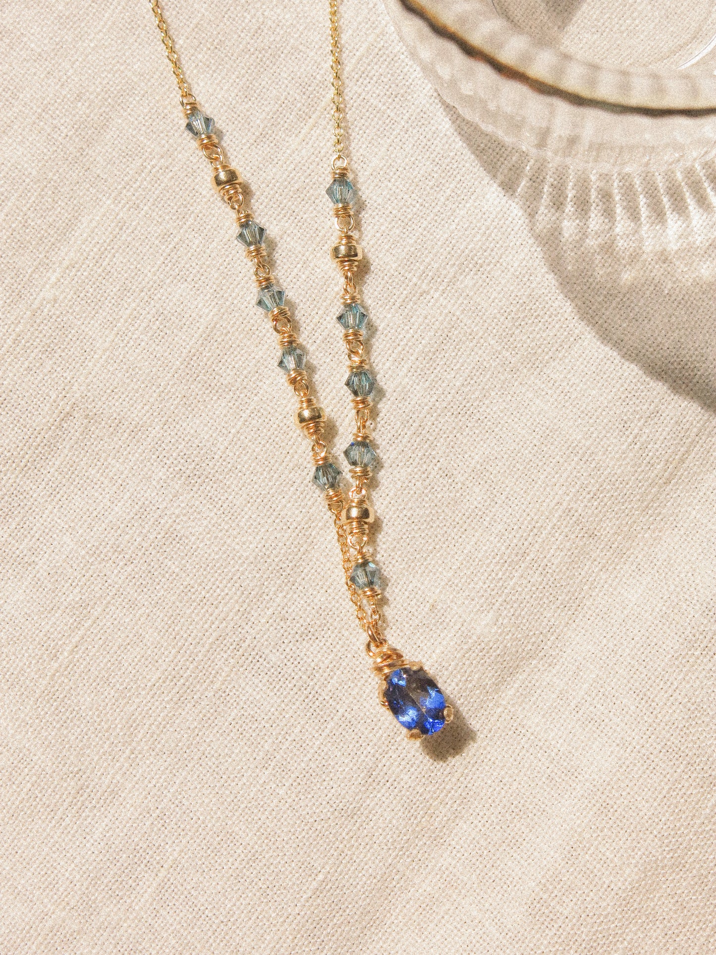 Faceted Blue Topaz in Prong Setting Necklace #2 with Swarovski Crystals, 14K Gold Fill