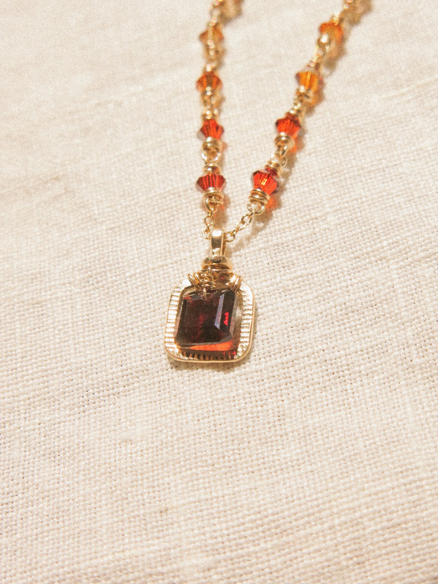 Octagon Mozambique Garnet in Textured Frame Necklace with Ombré Swarovski Crystal Accent, 14K Gold Fill