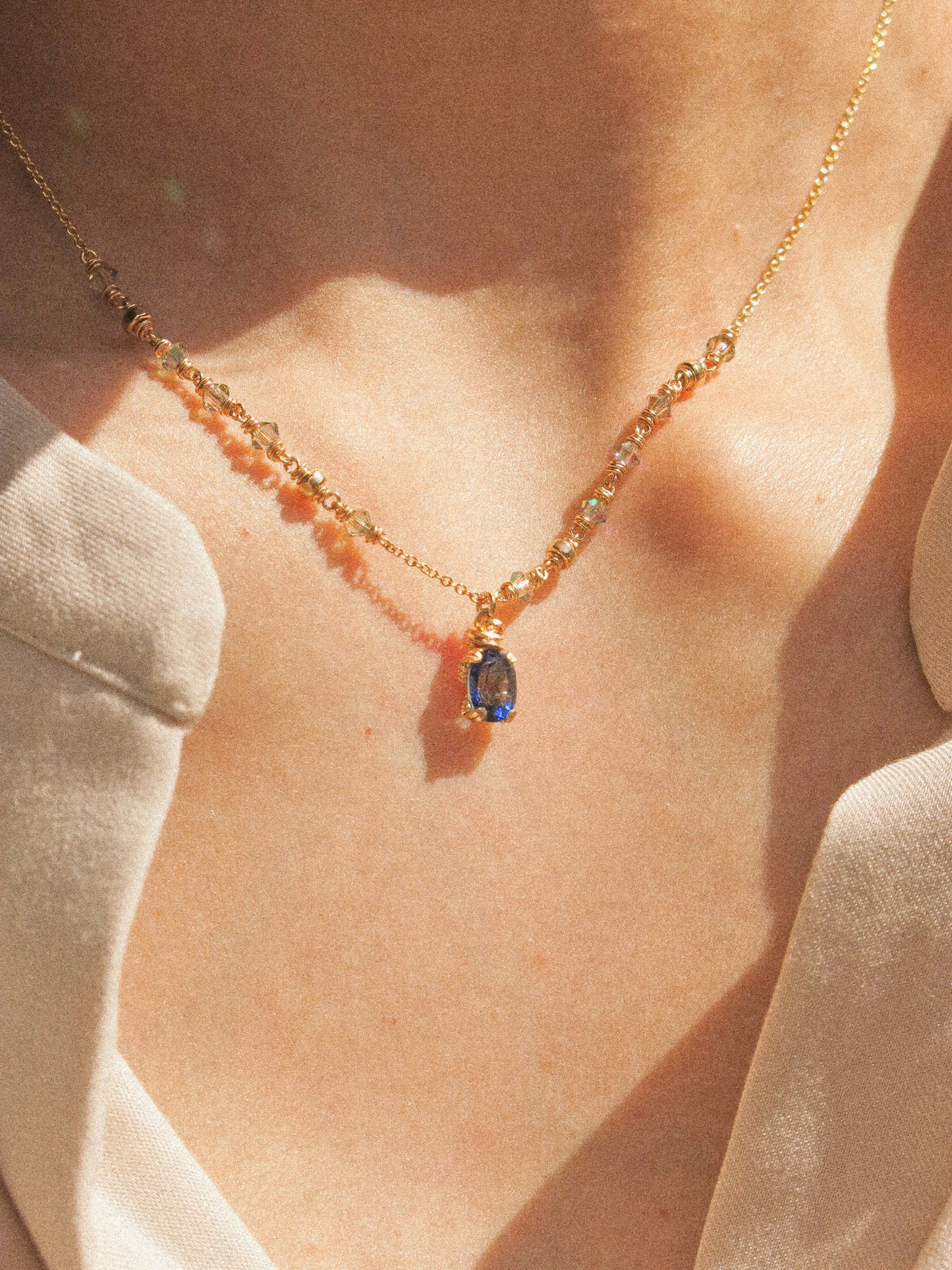 Faceted Blue Topaz in Prong Setting Necklace #1 with Swarovski Crystals, 14K Gold Fill