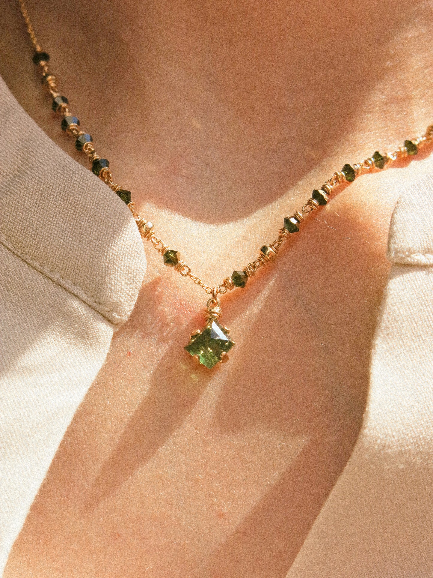 Forest Green Tourmaline Prong Set Pendant Necklace with Swarovski Crystal Accent, 14K Gold Fill