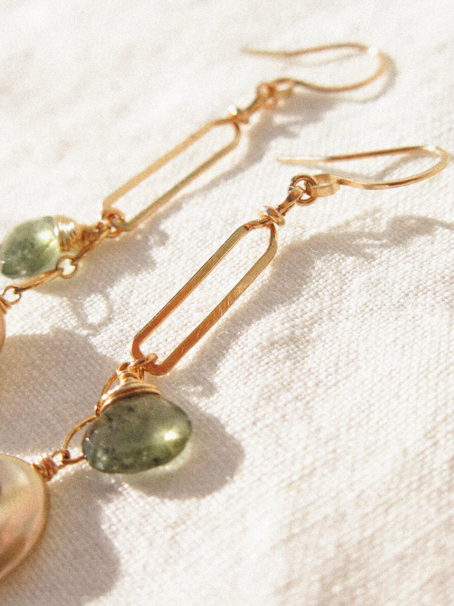 Golden Keshi Pearl and Faceted Moss Aquamarine Briolette on Rectangle Frame Dangle Earrings in 14K Gold Ill, March and June Birthstone