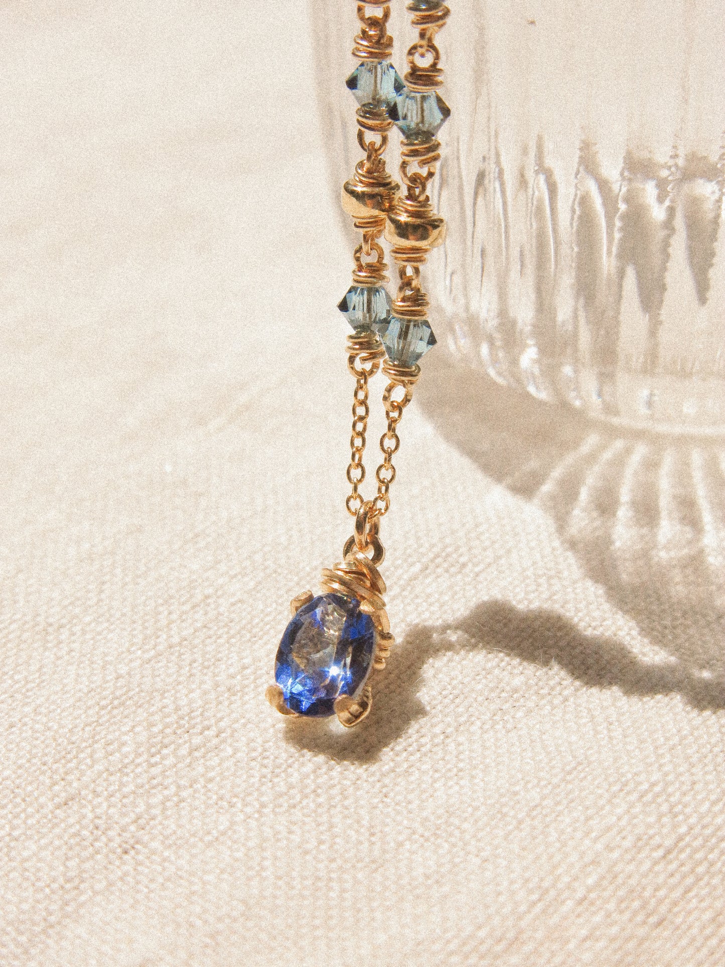 Faceted Blue Topaz in Prong Setting Necklace #2 with Swarovski Crystals, 14K Gold Fill