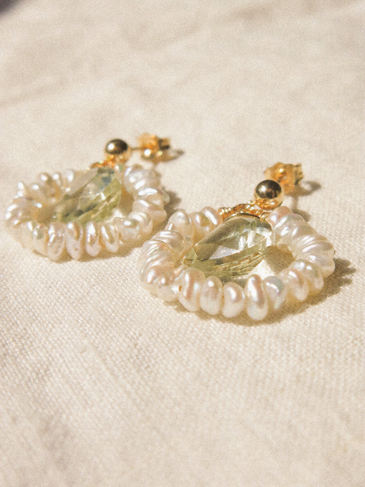 Petit White Keshi Pearl Frame with Trillion Cut Prasiolite Ball Post Earrings, 14K Gold Fill