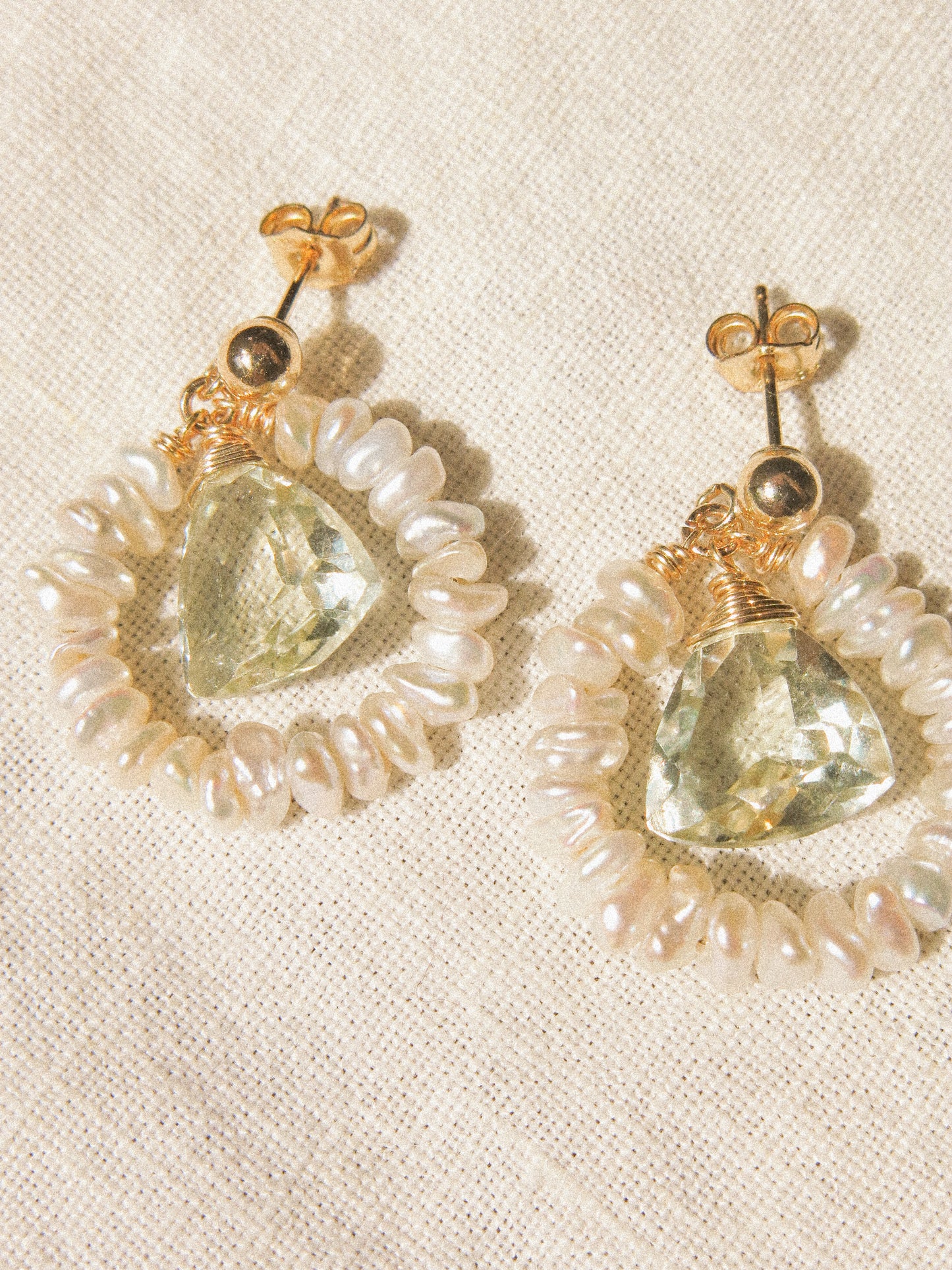 Petit White Keshi Pearl Frame with Trillion Cut Prasiolite Ball Post Earrings, 14K Gold Fill