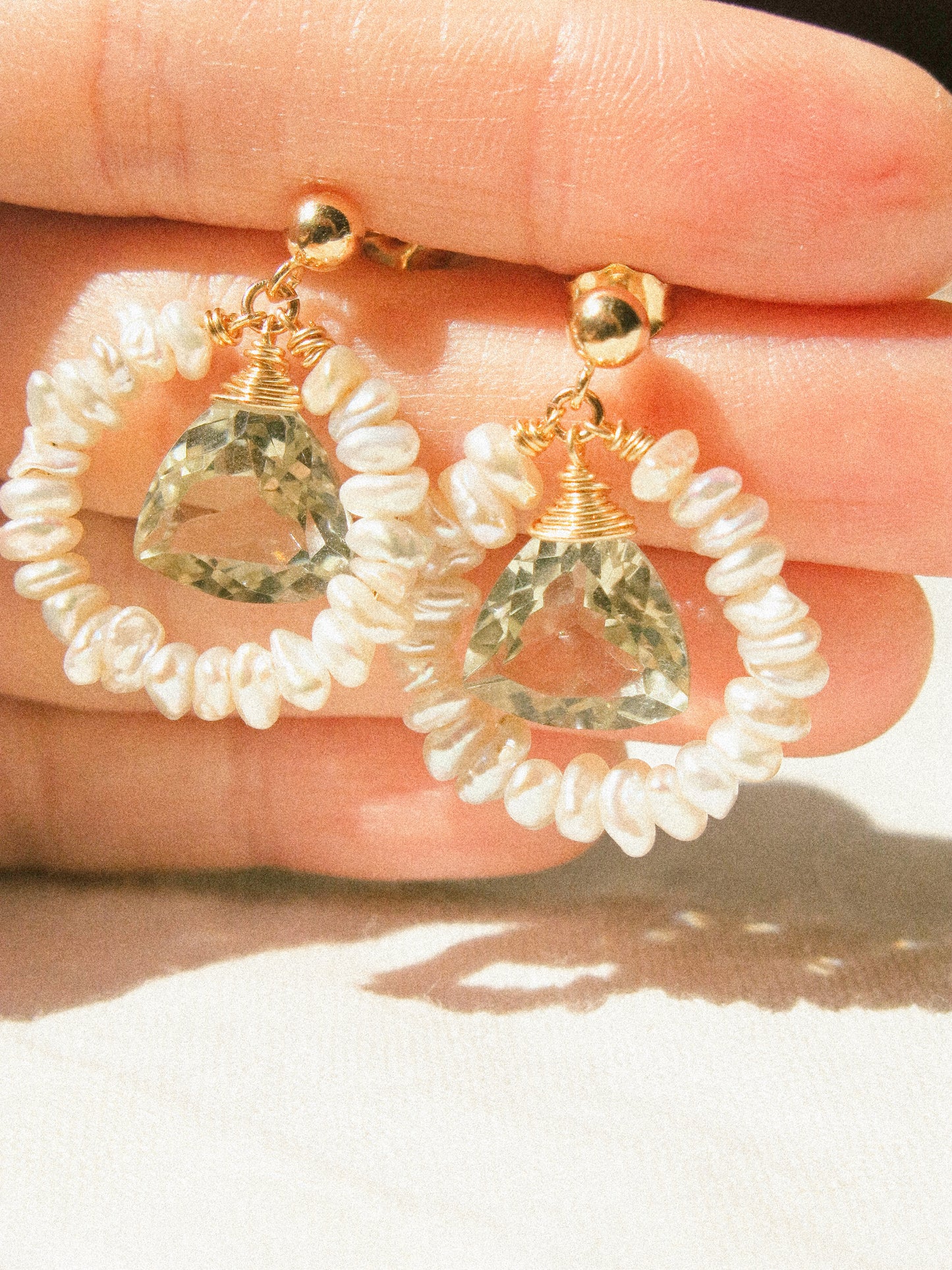 Petit White Keshi Pearl Frame with Trillion Cut Prasiolite Ball Post Earrings, 14K Gold Fill