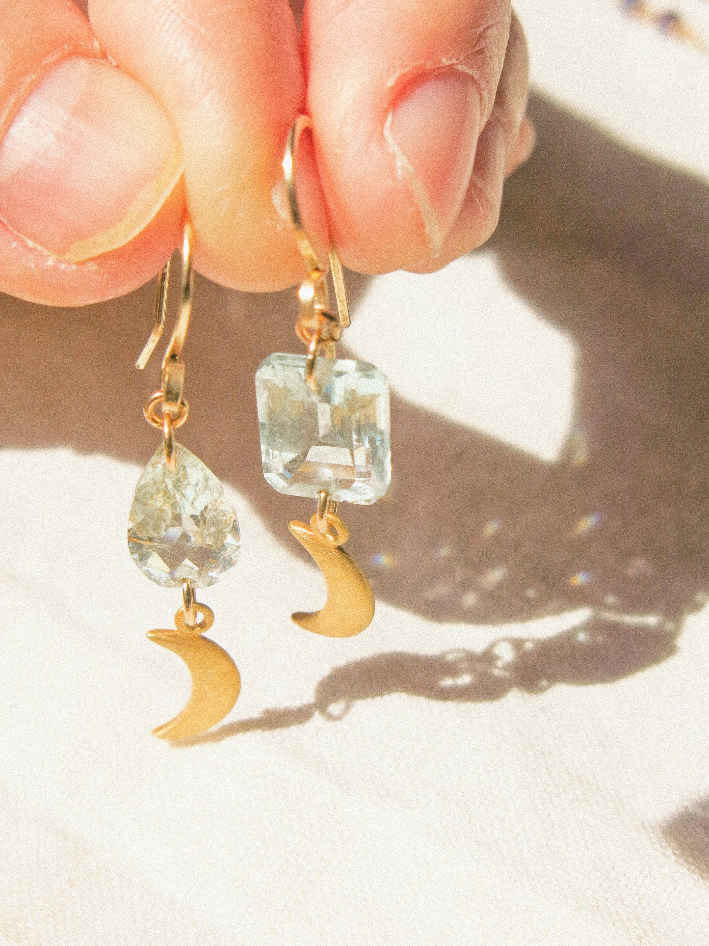 “Moon on the Sea” Faceted Aquamarine and Crescent Moon Earrings, 14K Gold Fill