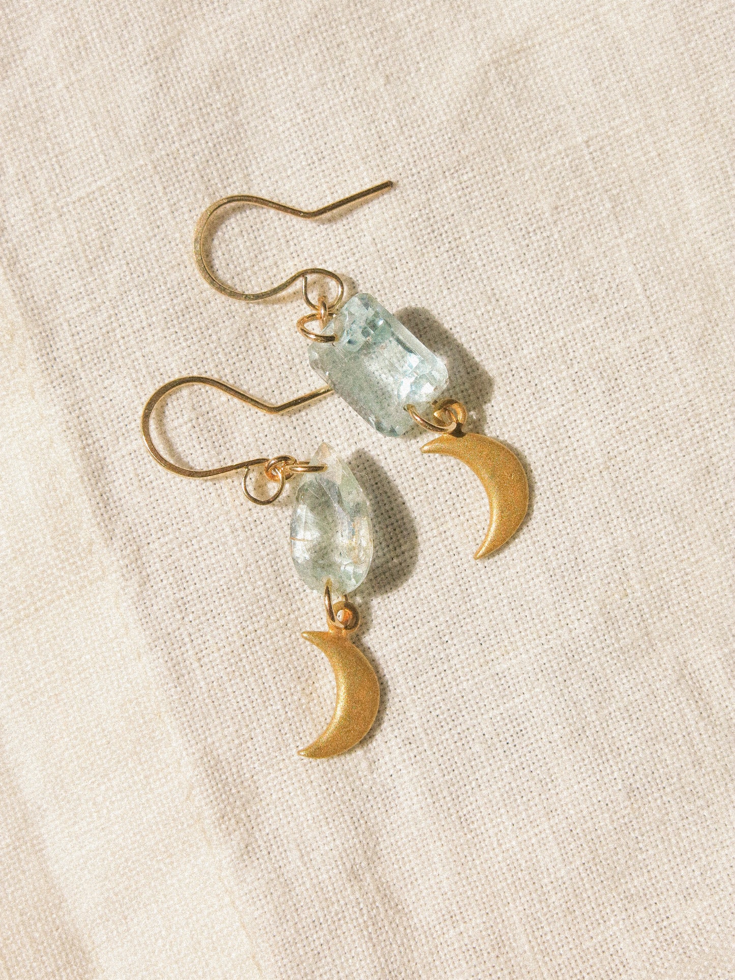 “Moon on the Sea” Faceted Aquamarine and Crescent Moon Earrings, 14K Gold Fill