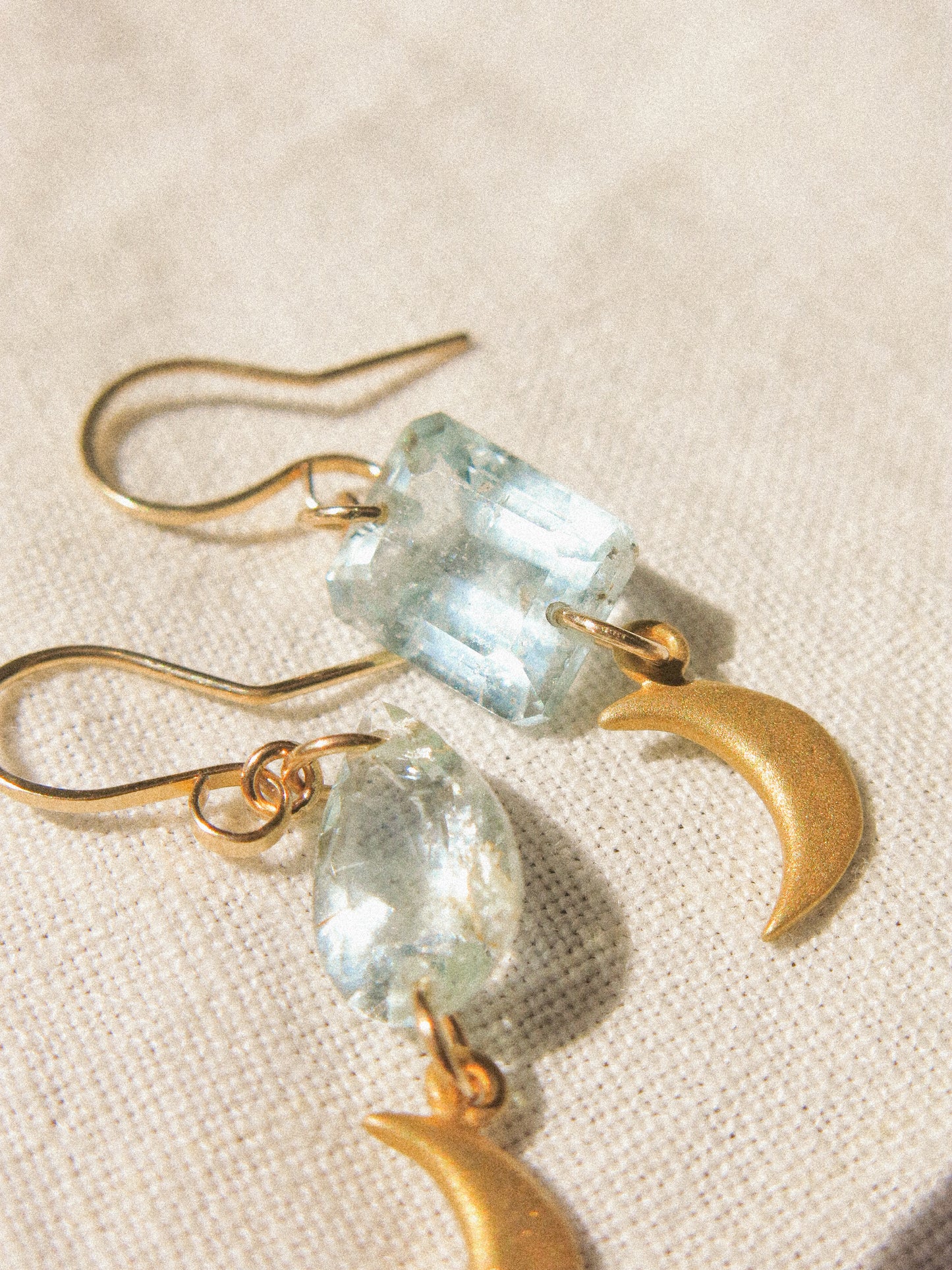 “Moon on the Sea” Faceted Aquamarine and Crescent Moon Earrings, 14K Gold Fill