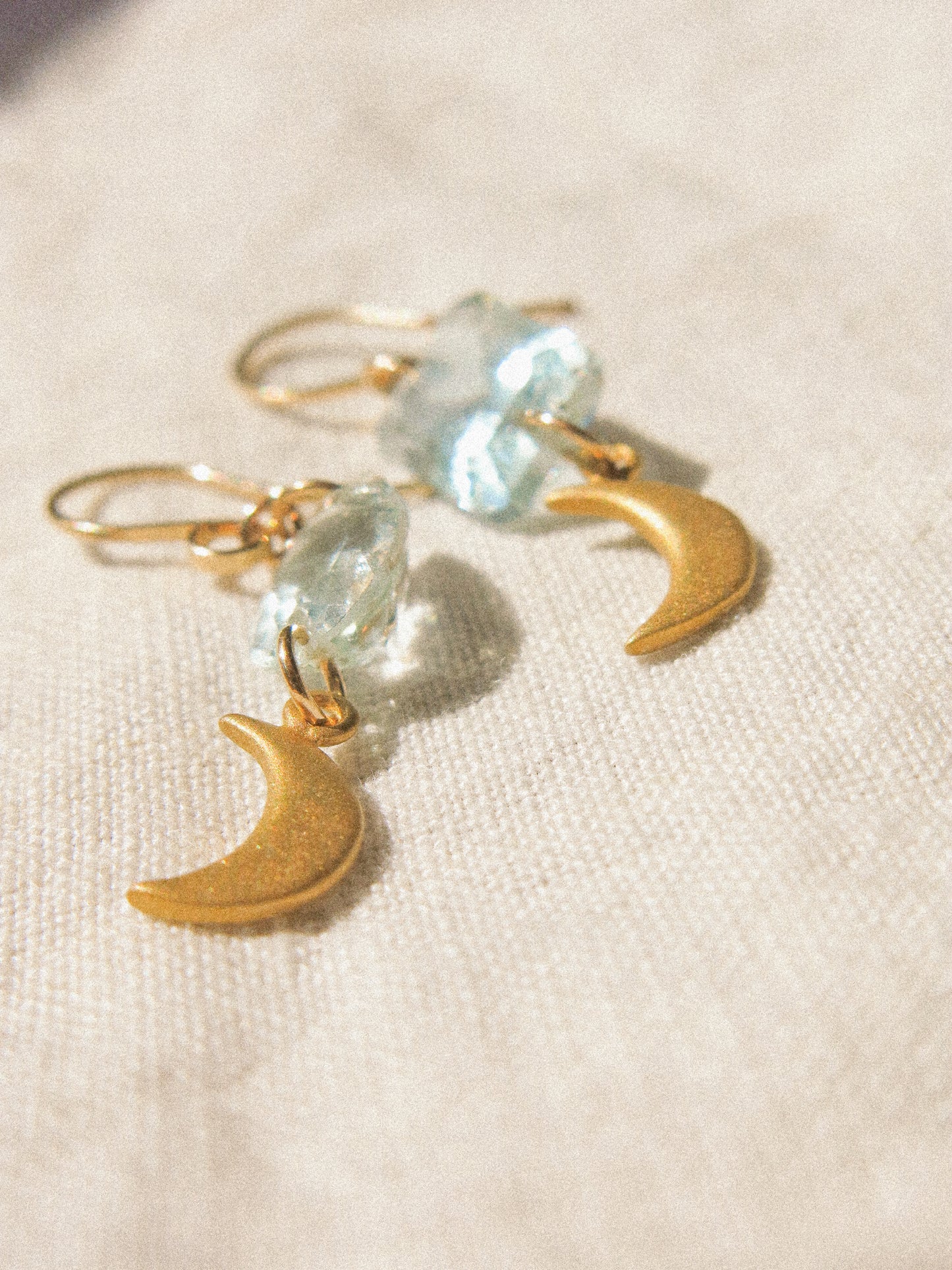 “Moon on the Sea” Faceted Aquamarine and Crescent Moon Earrings, 14K Gold Fill