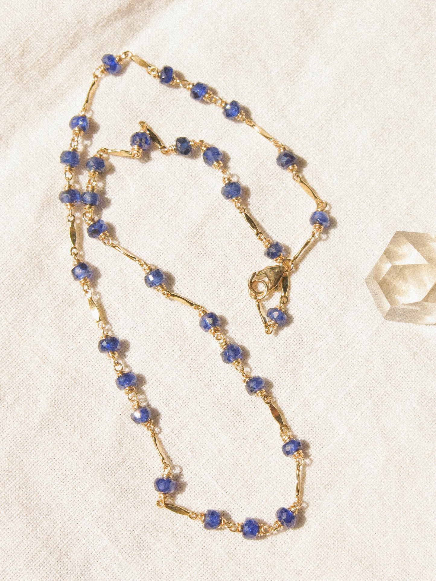 AAA Blue Sapphire Delicate Choker Necklace with Dapped Bars, 14K Gold Fill