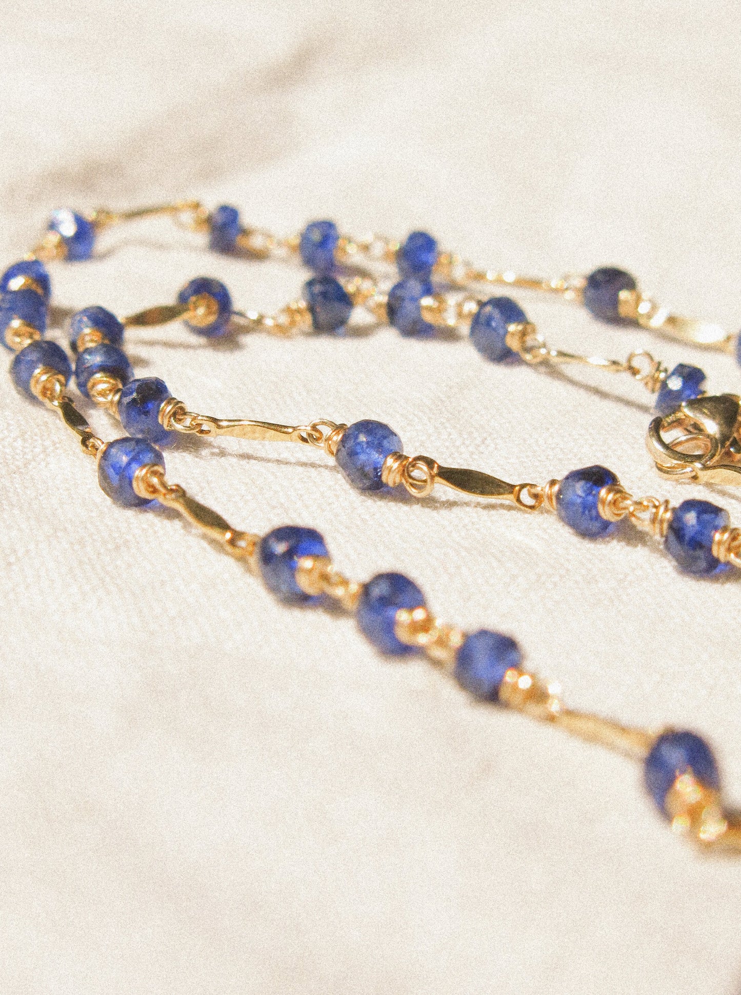 AAA Blue Sapphire Delicate Choker Necklace with Dapped Bars, 14K Gold Fill