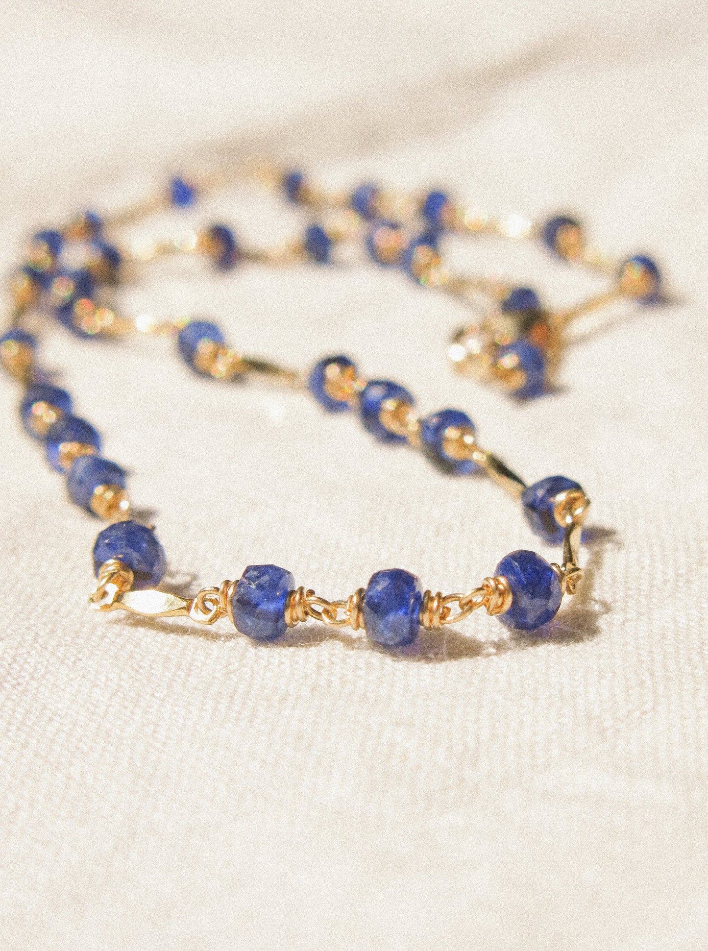 AAA Blue Sapphire Delicate Choker Necklace with Dapped Bars, 14K Gold Fill