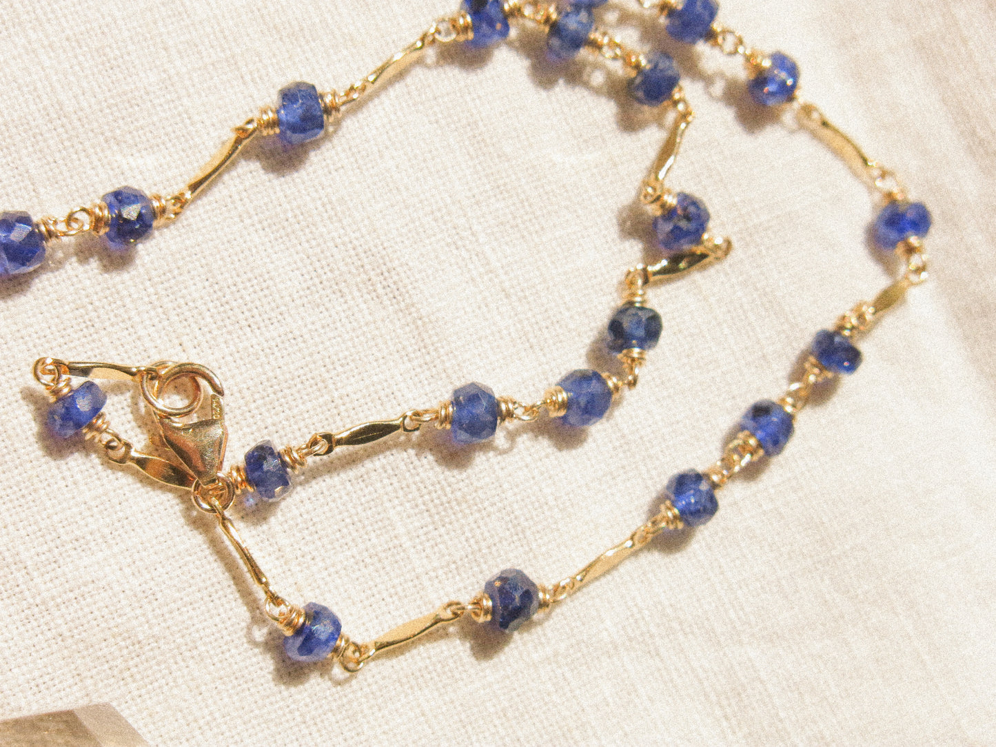 AAA Blue Sapphire Delicate Choker Necklace with Dapped Bars, 14K Gold Fill