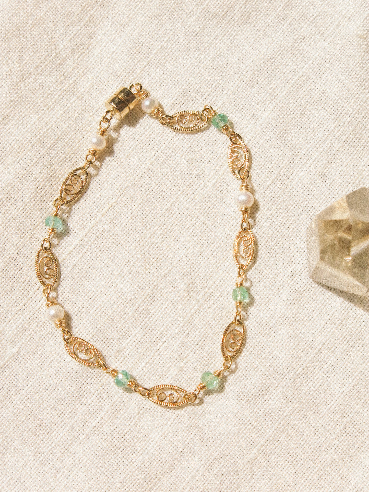 AAA Zambian Emerald Delicate Bracelet with Magnetic Clasp and Filigree Chains, 6”, 14K Gold Fill