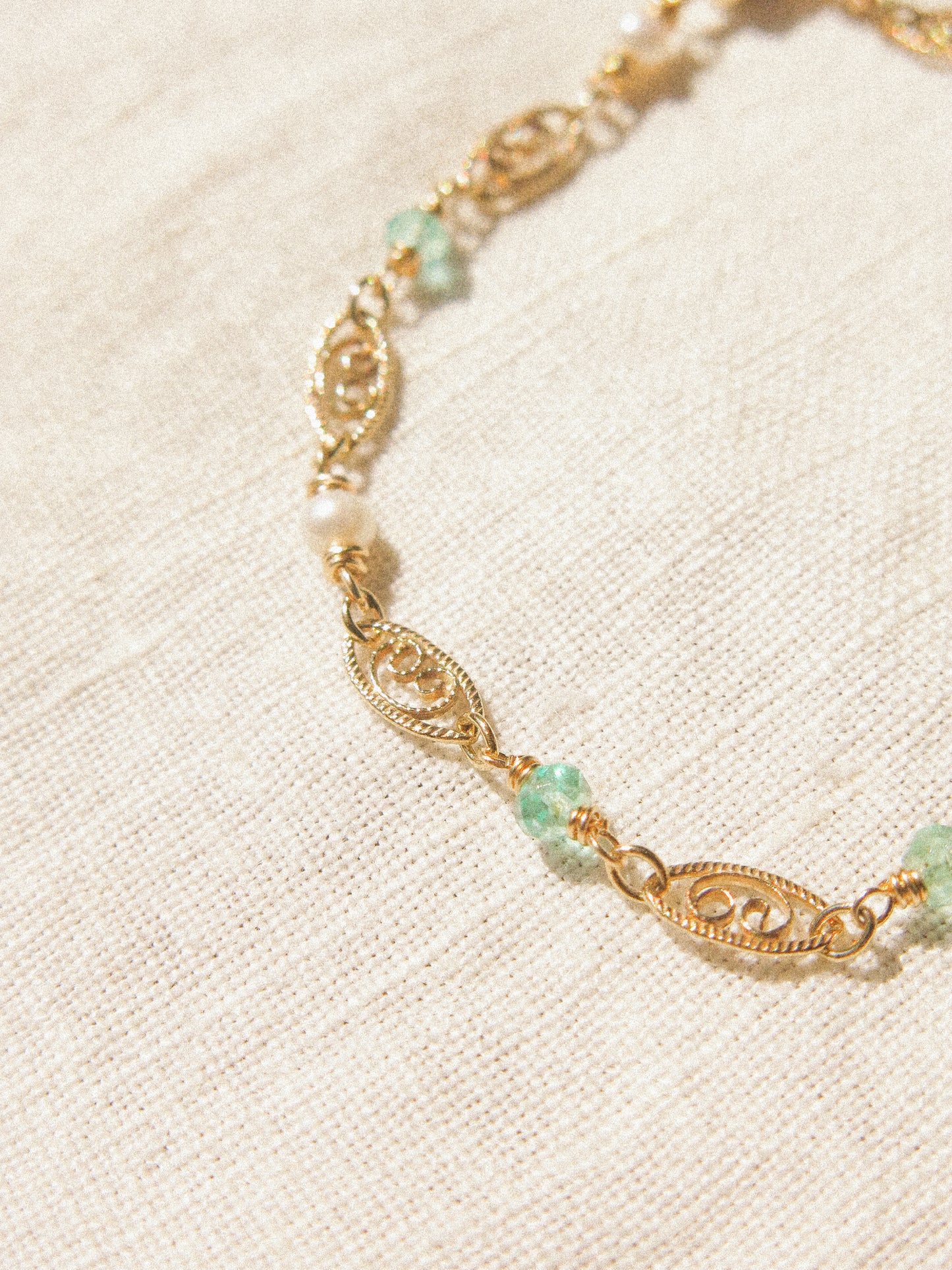 AAA Zambian Emerald Delicate Bracelet with Magnetic Clasp and Filigree Chains, 6”, 14K Gold Fill