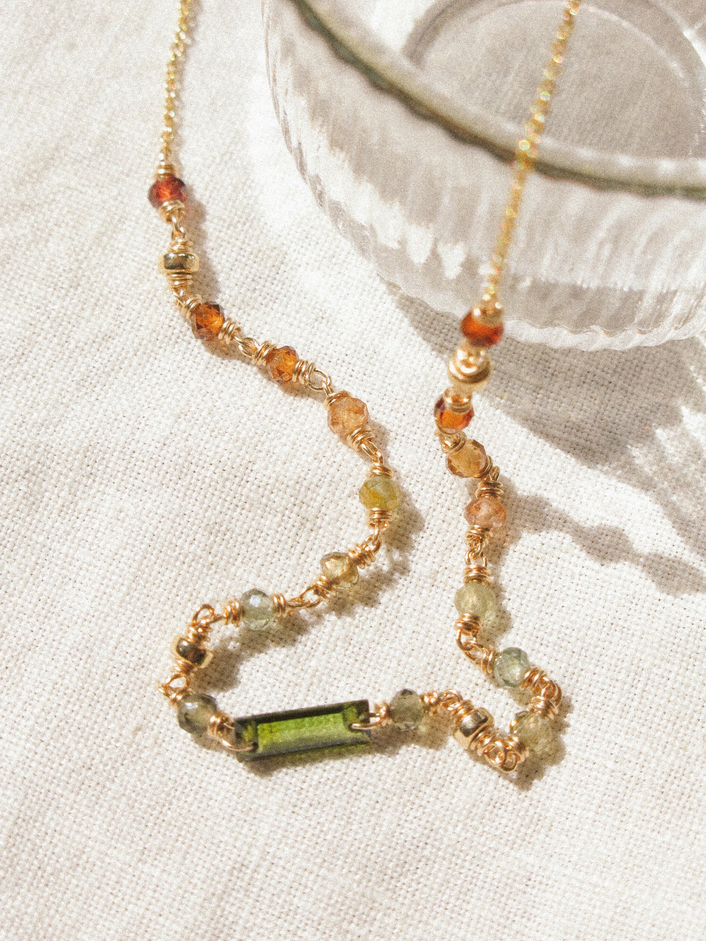 Delicate Choker Necklace with Baguette Cut Deep Green Tourmaline bar and AAA Ombré Tundra Sapphire, 14K Gold Fill