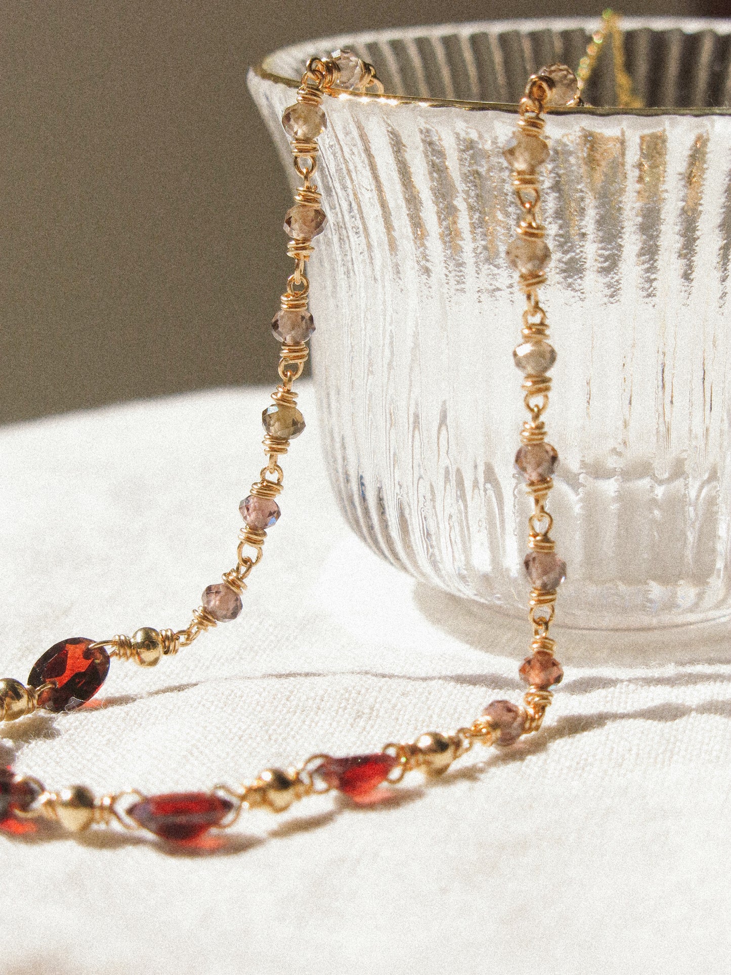 Delicate Choker Necklace with Faceted Oval Mozambique Garnet and AAA Ombré Tundra Sapphire, 14K Gold Fill