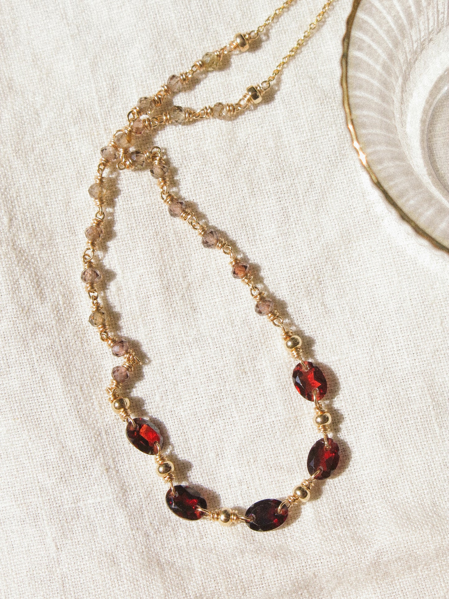Delicate Choker Necklace with Faceted Oval Mozambique Garnet and AAA Ombré Tundra Sapphire, 14K Gold Fill