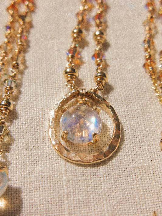 Full Moon Necklace with Rainbow Moonstone in Prong Setting, 14K Gold Fill