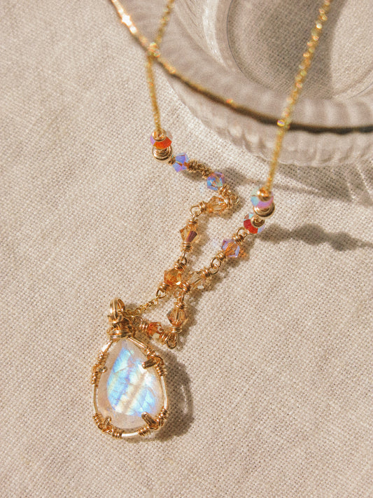 Rainbow Moonstone Ombré Necklace in Double Sided Prong Setting, 14K Gold Fill