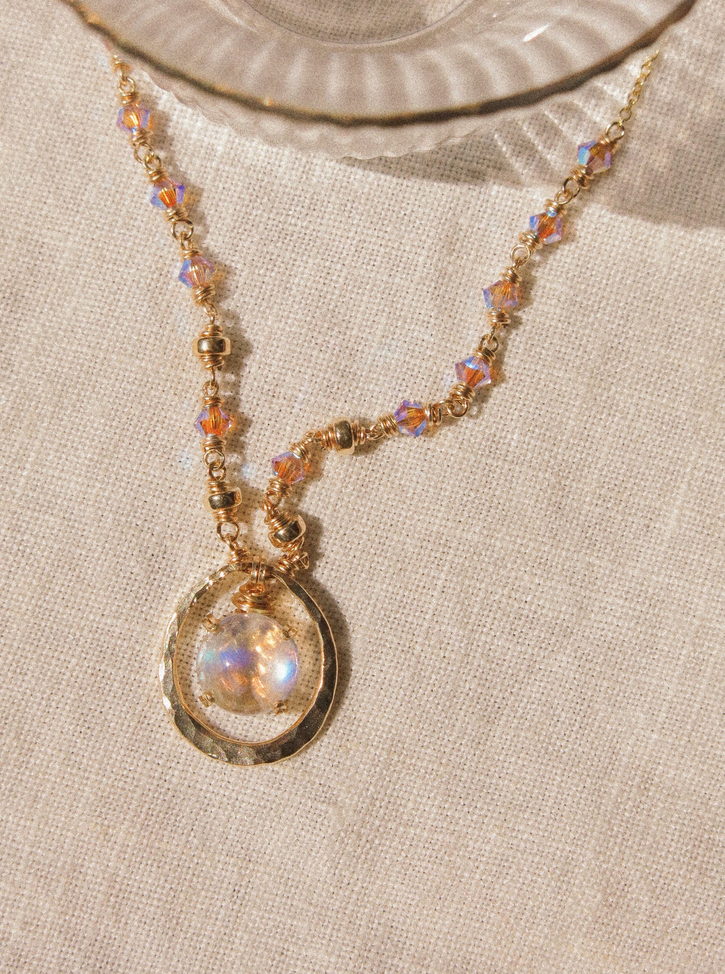 Full Moon Necklace with Rainbow Moonstone in Prong Setting, 14K Gold Fill