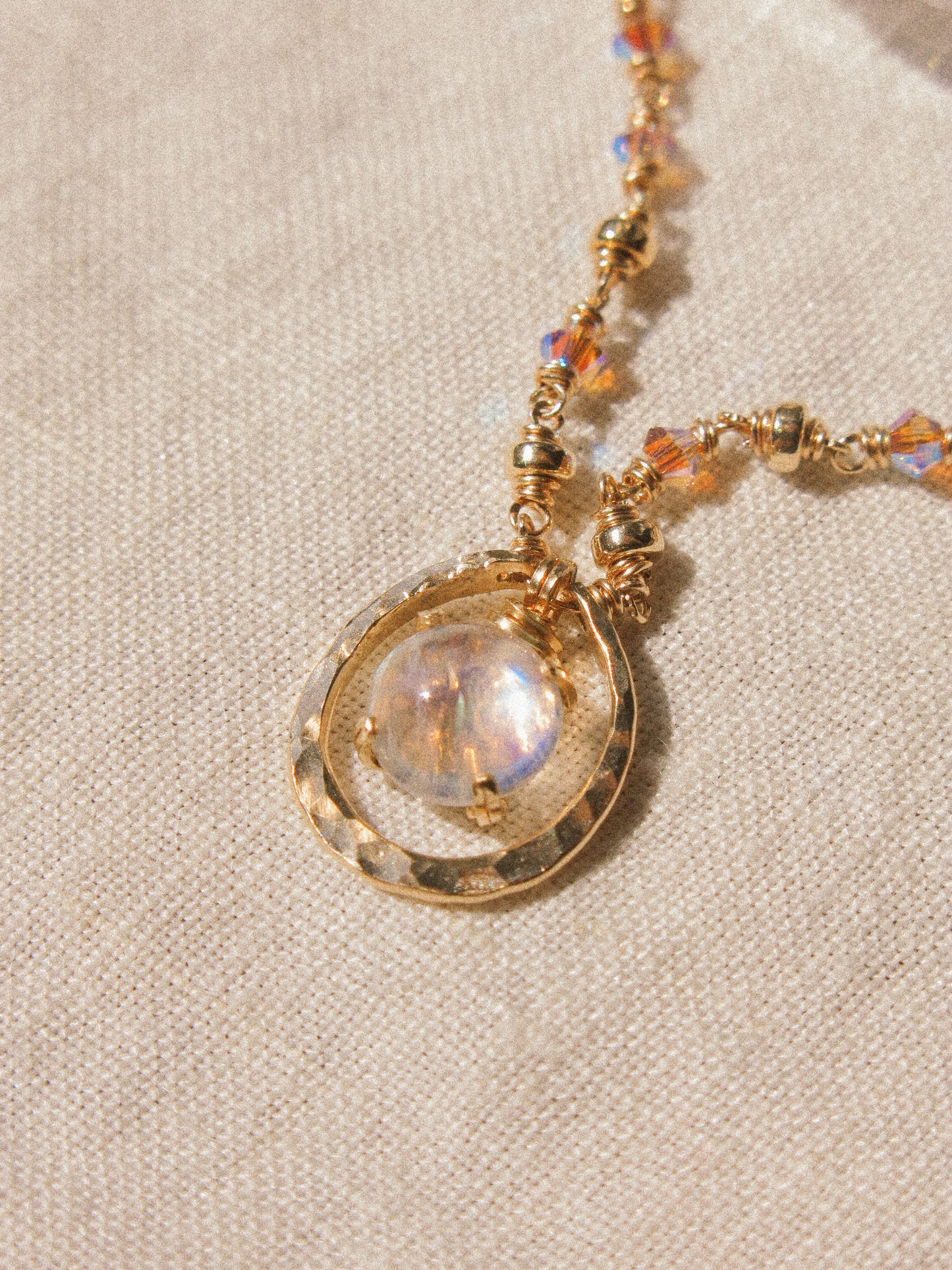 Full Moon Necklace with Rainbow Moonstone in Prong Setting, 14K Gold Fill