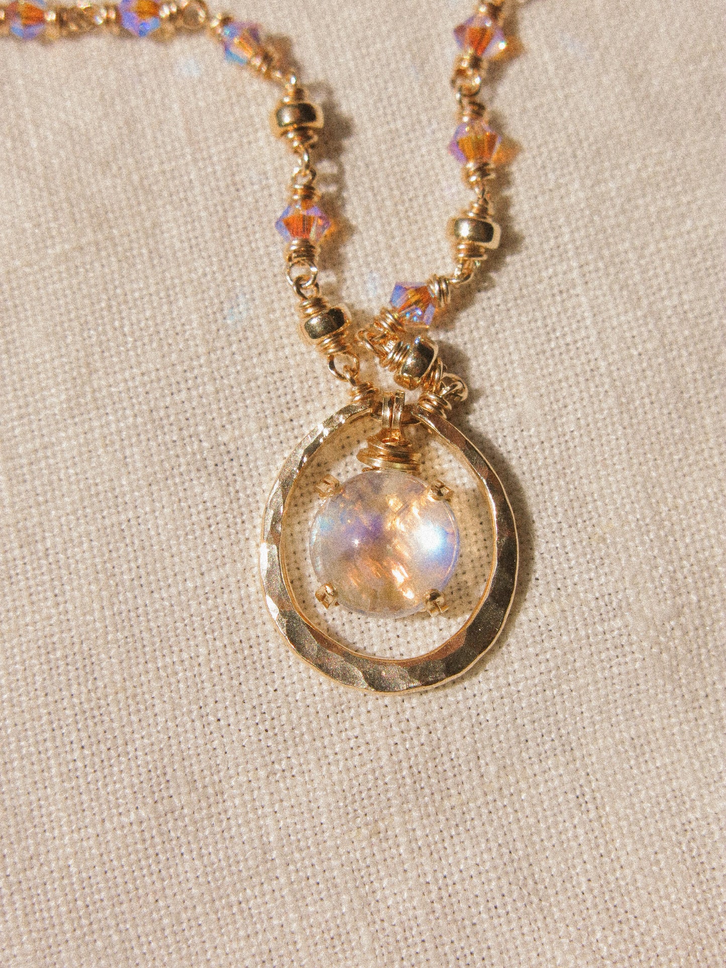 Full Moon Necklace with Rainbow Moonstone in Prong Setting, 14K Gold Fill