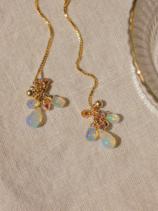 AAA Smooth Ethiopian Welo Opal Cluster Threader Earrings With Swarovski Crystals, 14K Gold Fill