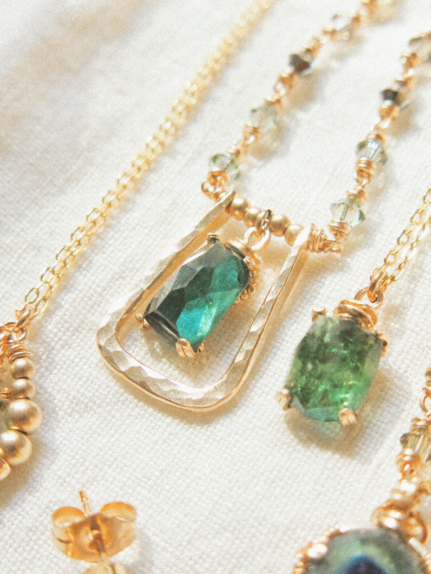 Deep Teal Step Cut Tourmaline Necklace in Prong Setting with Textured Rectangle Frame and Ombré Swarovski Crystal, 14K Gold Fill, 16”