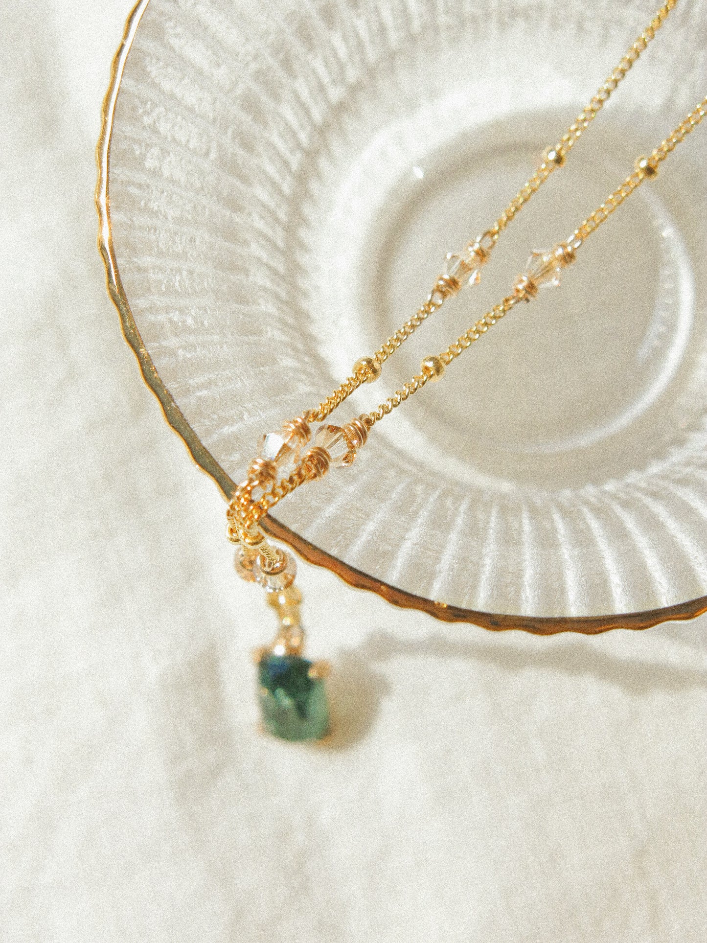 Prong Set Rectangle Teal Step Cut Tourmaline Necklace with Beaded Satellite Chain and Swarovski Crystal, 14K Gold Fill, 16”