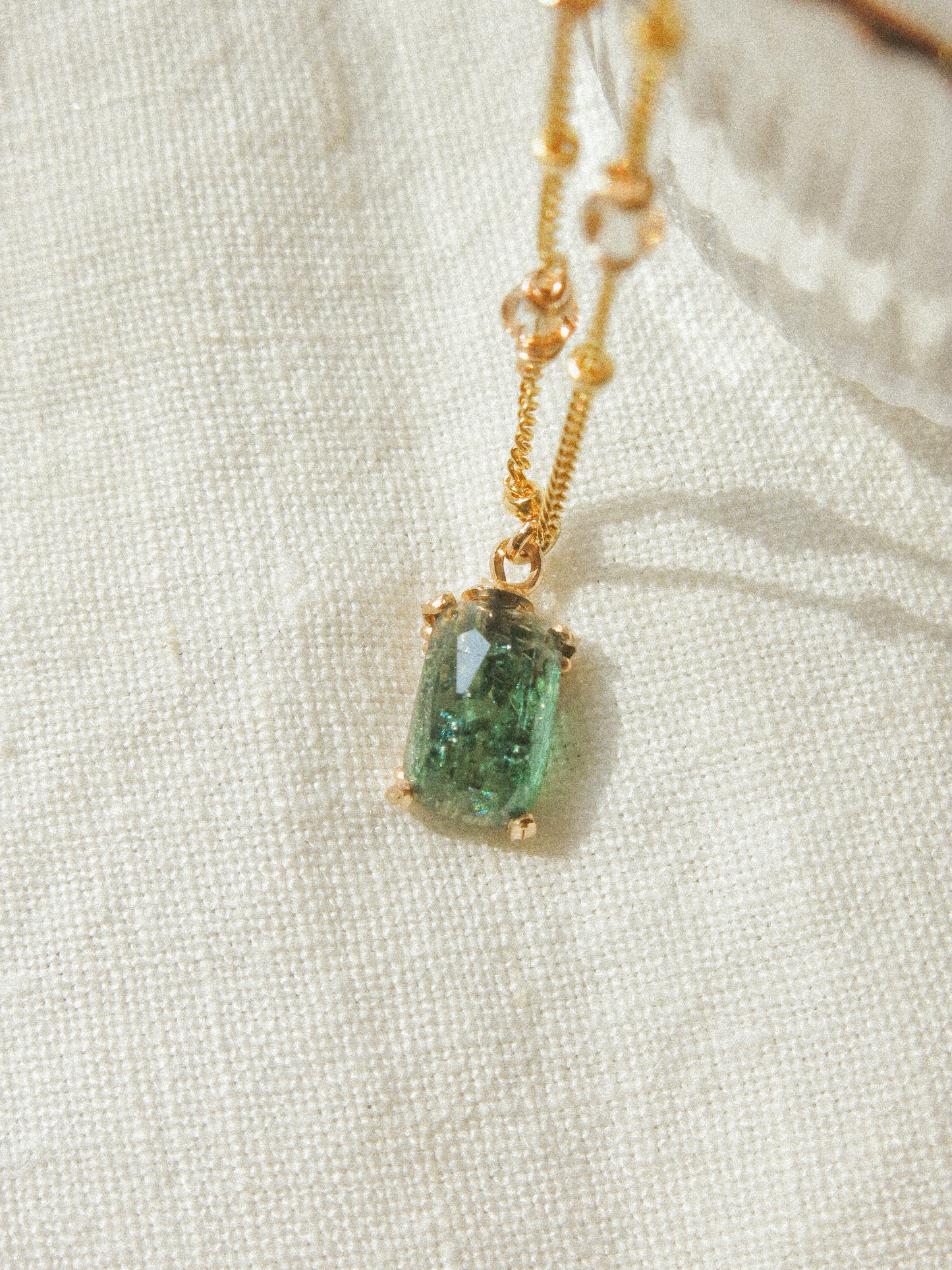 Prong Set Rectangle Teal Step Cut Tourmaline Necklace with Beaded Satellite Chain and Swarovski Crystal, 14K Gold Fill, 16”