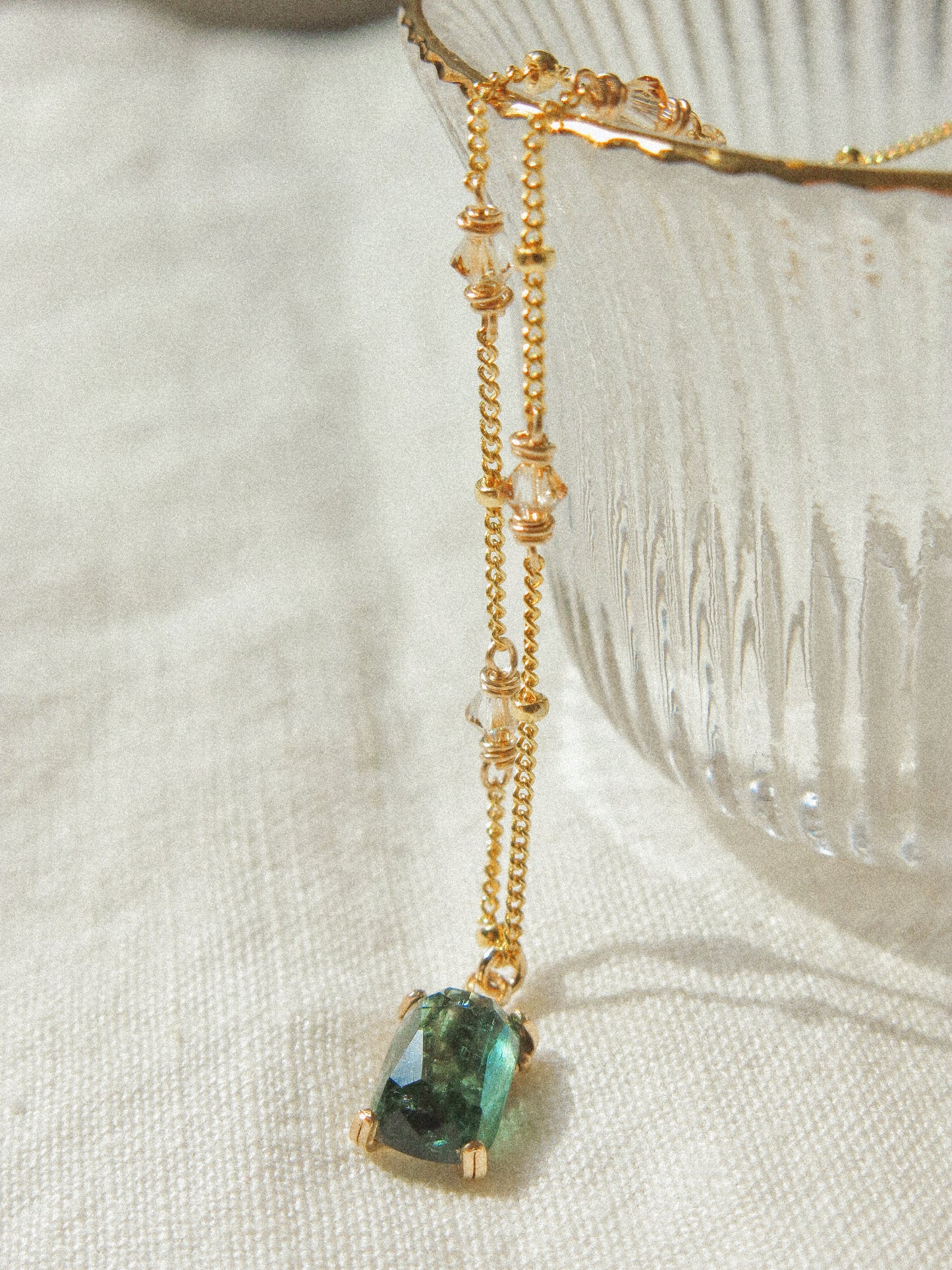 Prong Set Rectangle Teal Step Cut Tourmaline Necklace with Beaded Satellite Chain and Swarovski Crystal, 14K Gold Fill, 16”