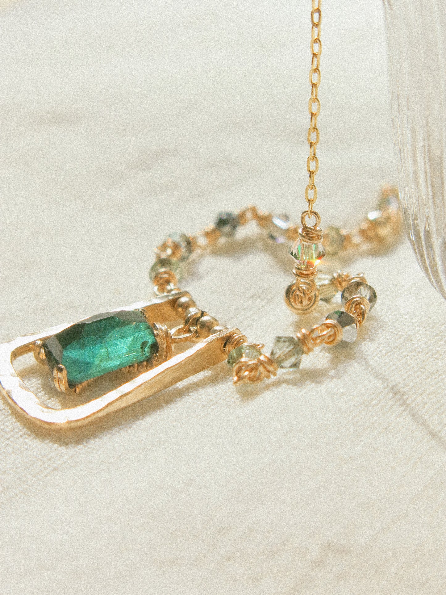 Deep Teal Step Cut Tourmaline Necklace in Prong Setting with Textured Rectangle Frame and Ombré Swarovski Crystal, 14K Gold Fill, 16”