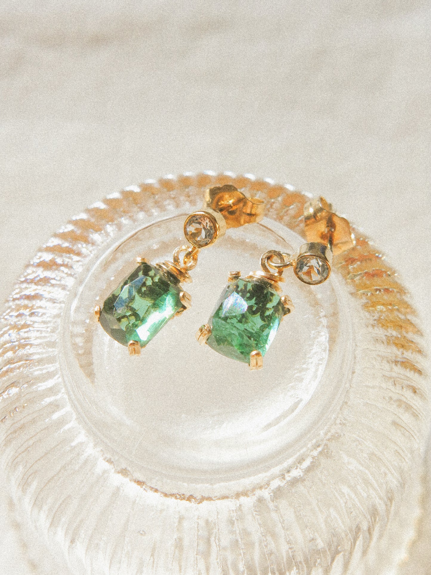 Prong Set Deep Teal Step Cut Tourmaline Earrings on White Topaz Post, 14K Gold Fill