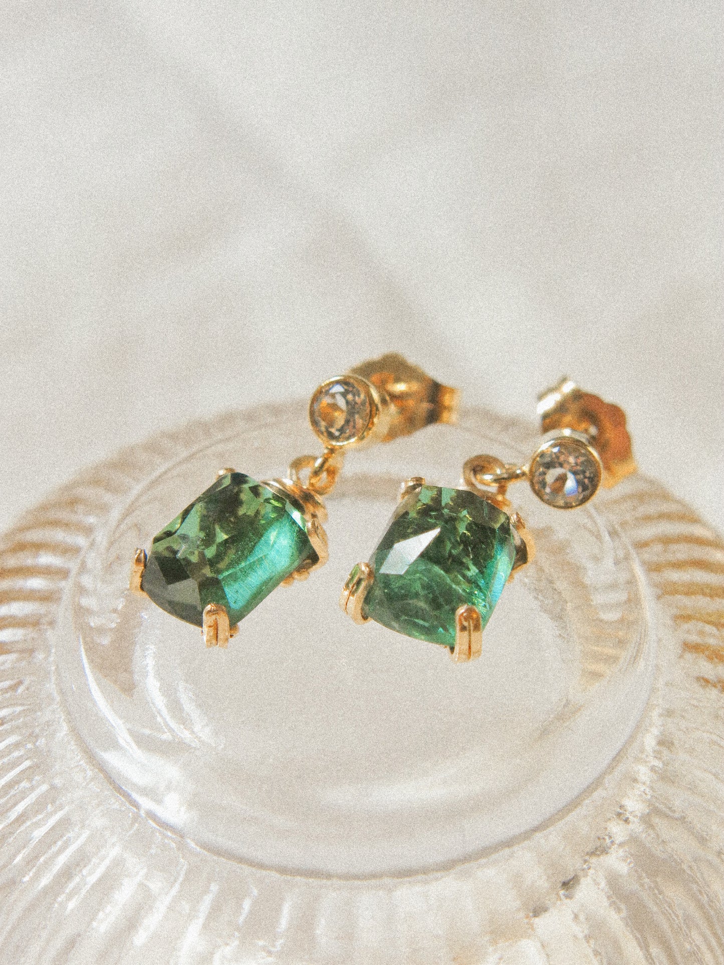 Prong Set Deep Teal Step Cut Tourmaline Earrings on White Topaz Post, 14K Gold Fill