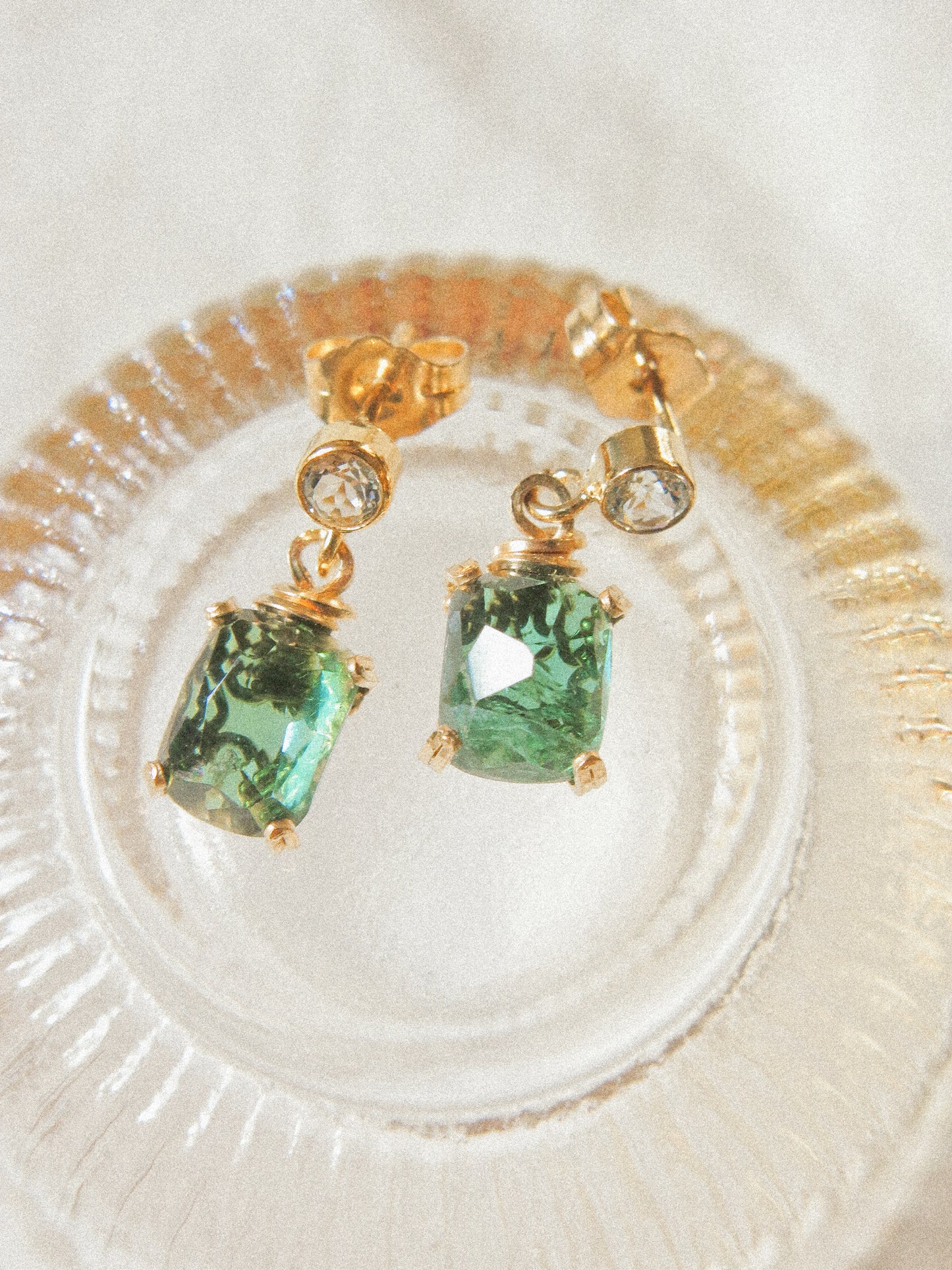 Prong Set Deep Teal Step Cut Tourmaline Earrings on White Topaz Post, 14K Gold Fill