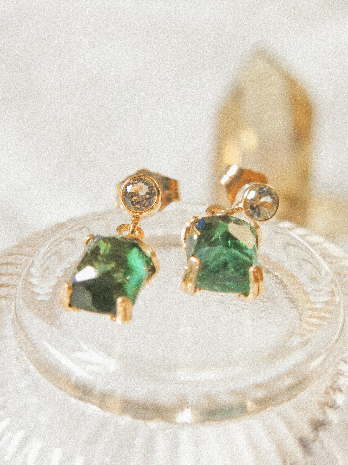 Prong Set Deep Teal Step Cut Tourmaline Earrings on White Topaz Post, 14K Gold Fill