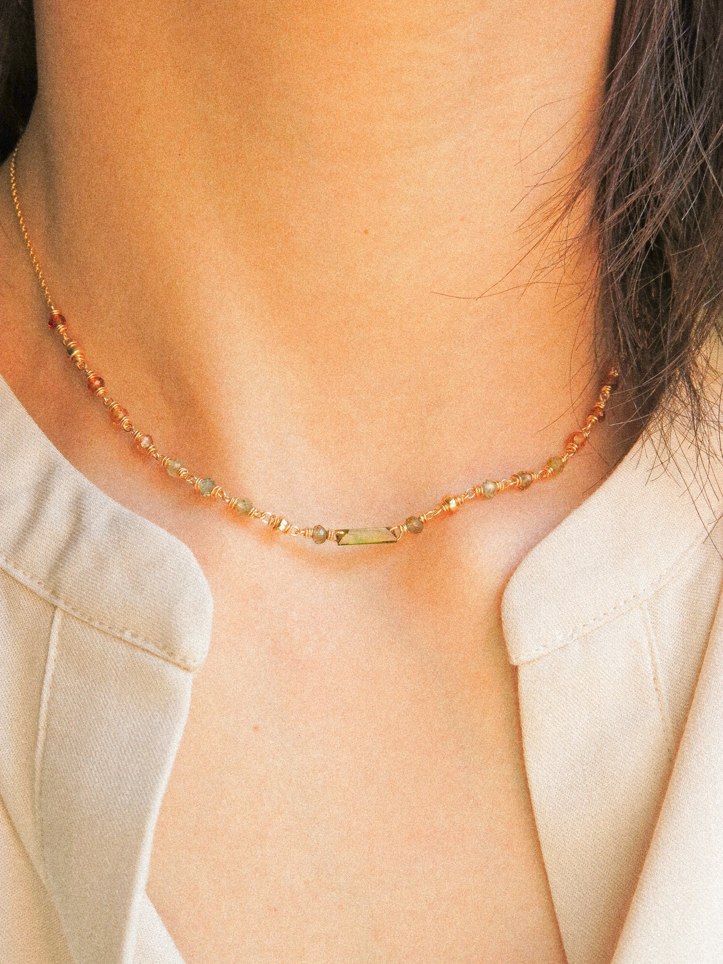 Delicate Choker Necklace with Baguette Cut Deep Green Tourmaline bar and AAA Ombré Tundra Sapphire, 14K Gold Fill