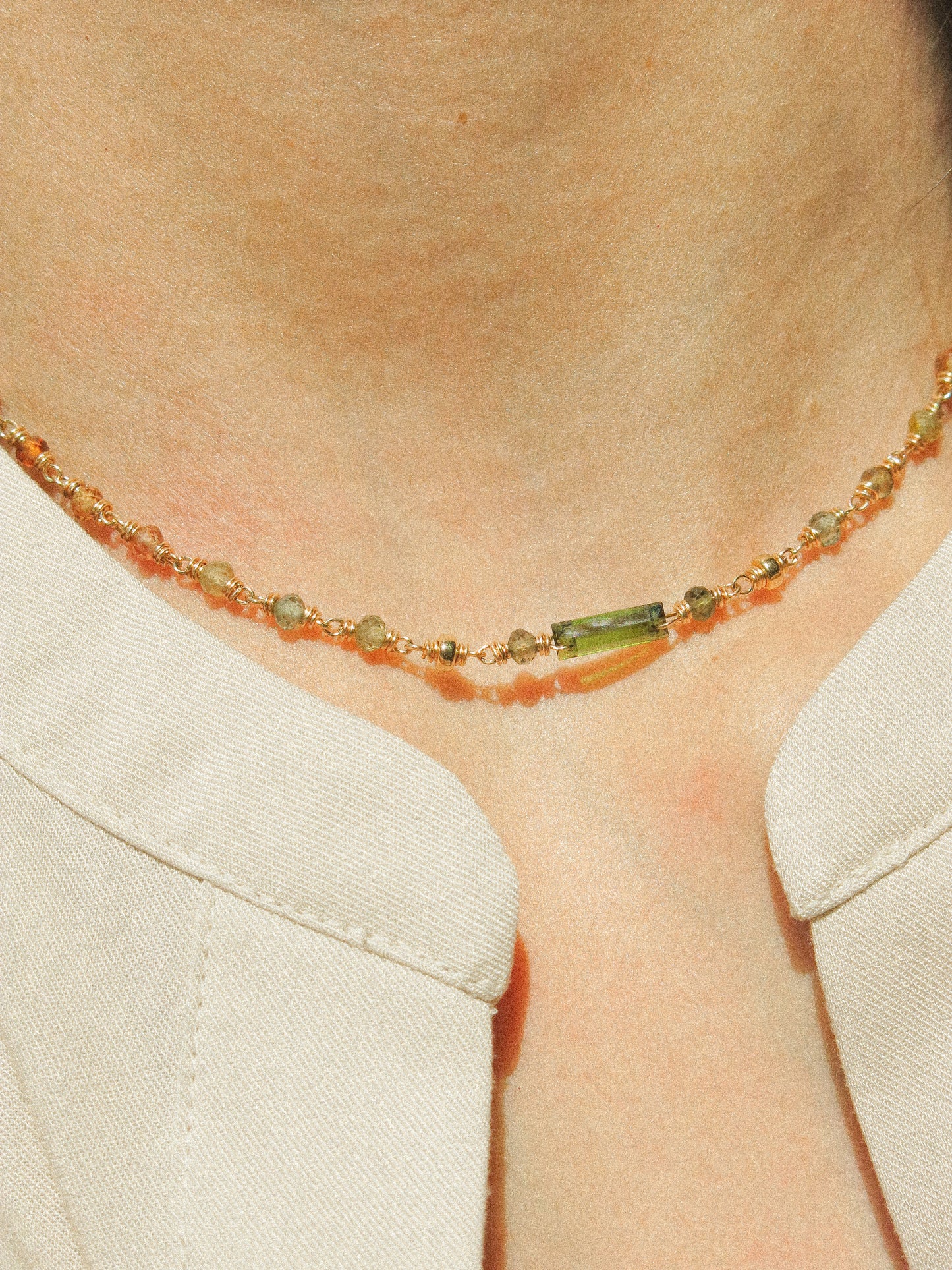 Delicate Choker Necklace with Baguette Cut Deep Green Tourmaline bar and AAA Ombré Tundra Sapphire, 14K Gold Fill