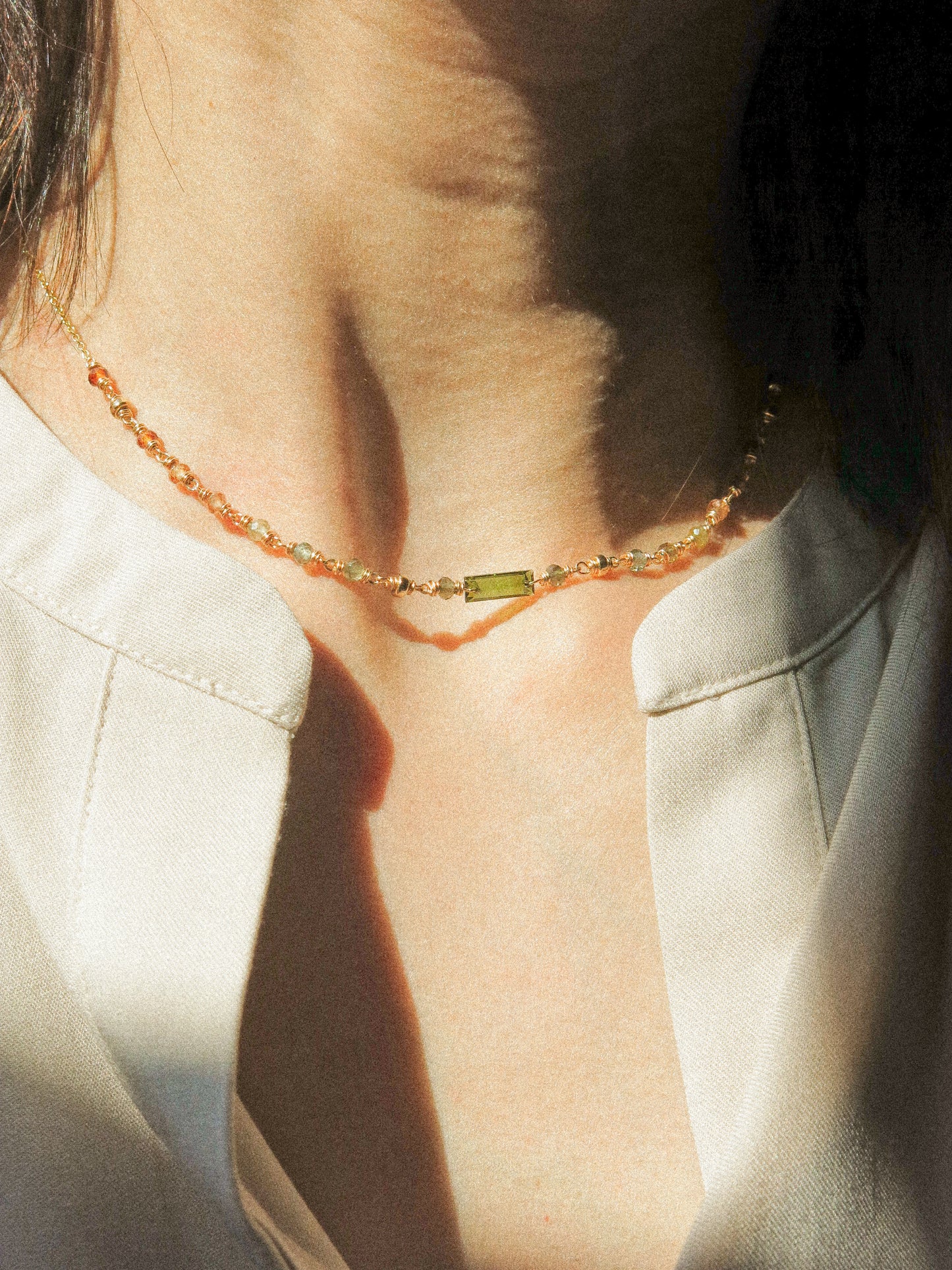 Delicate Choker Necklace with Baguette Cut Deep Green Tourmaline bar and AAA Ombré Tundra Sapphire, 14K Gold Fill