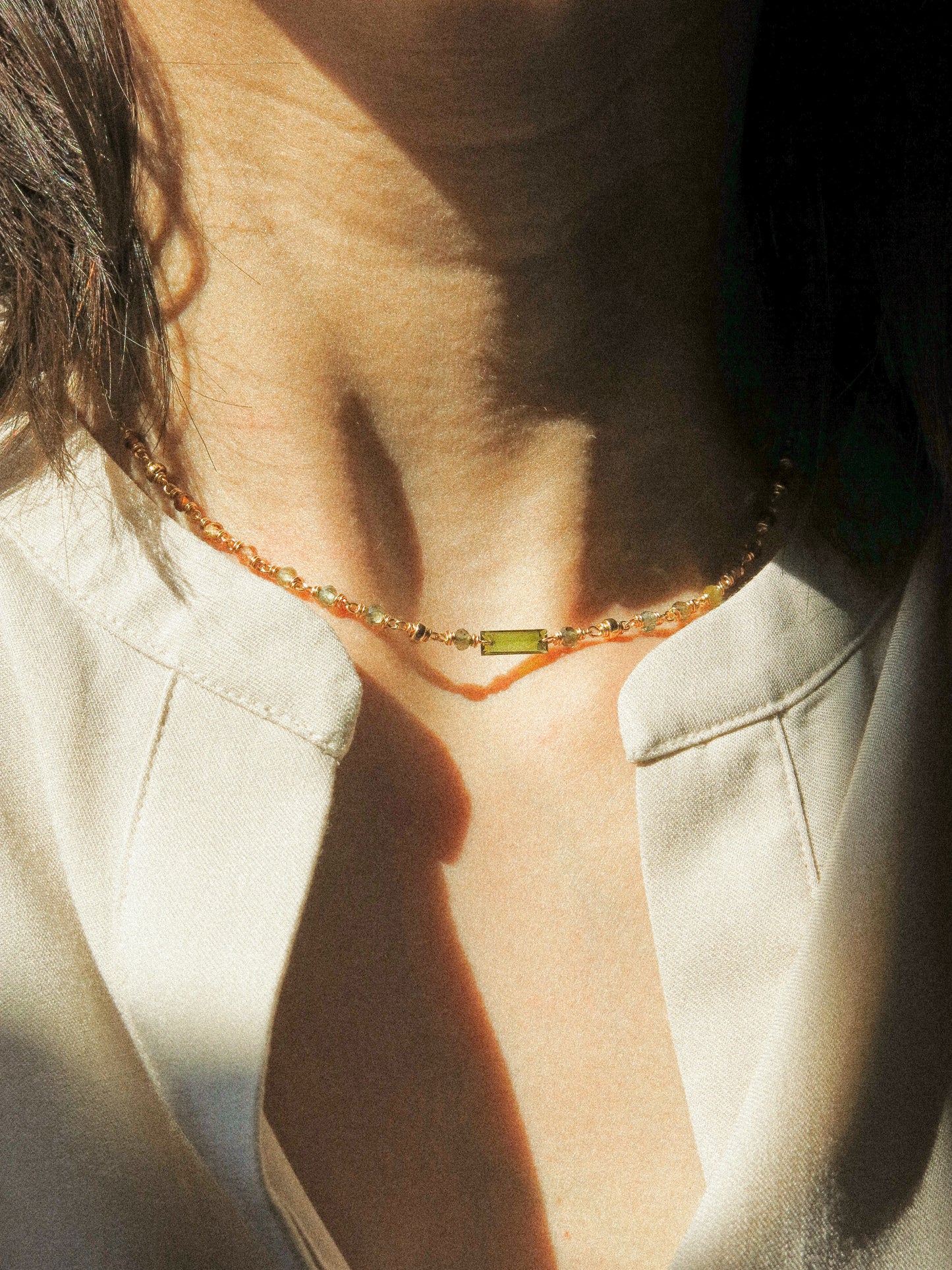 Delicate Choker Necklace with Baguette Cut Deep Green Tourmaline bar and AAA Ombré Tundra Sapphire, 14K Gold Fill