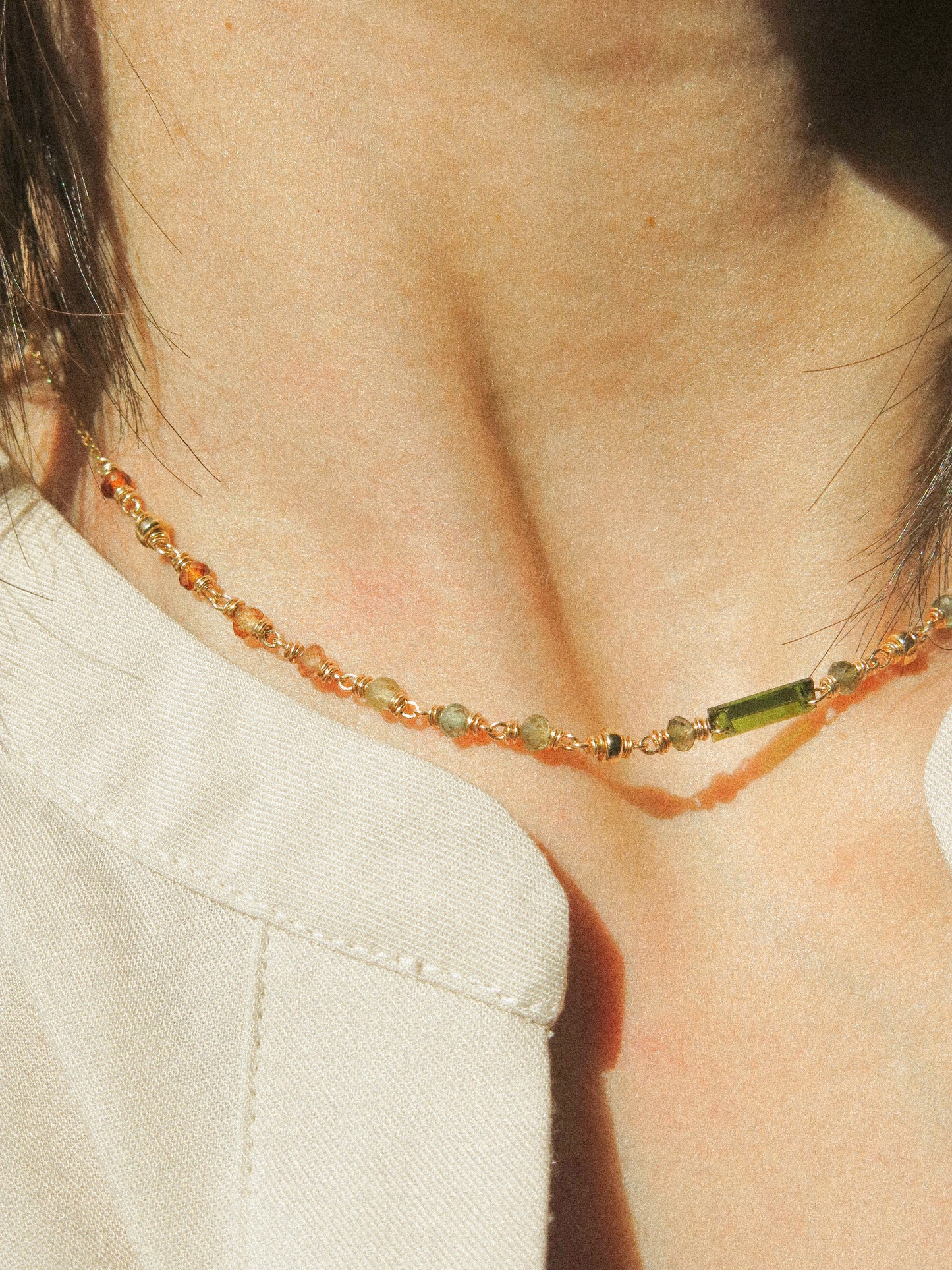 Delicate Choker Necklace with Baguette Cut Deep Green Tourmaline bar and AAA Ombré Tundra Sapphire, 14K Gold Fill