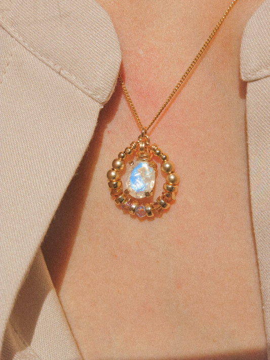 Rainbow Moonstone Suila Necklace, Prong Setting, 14K Gold Fill