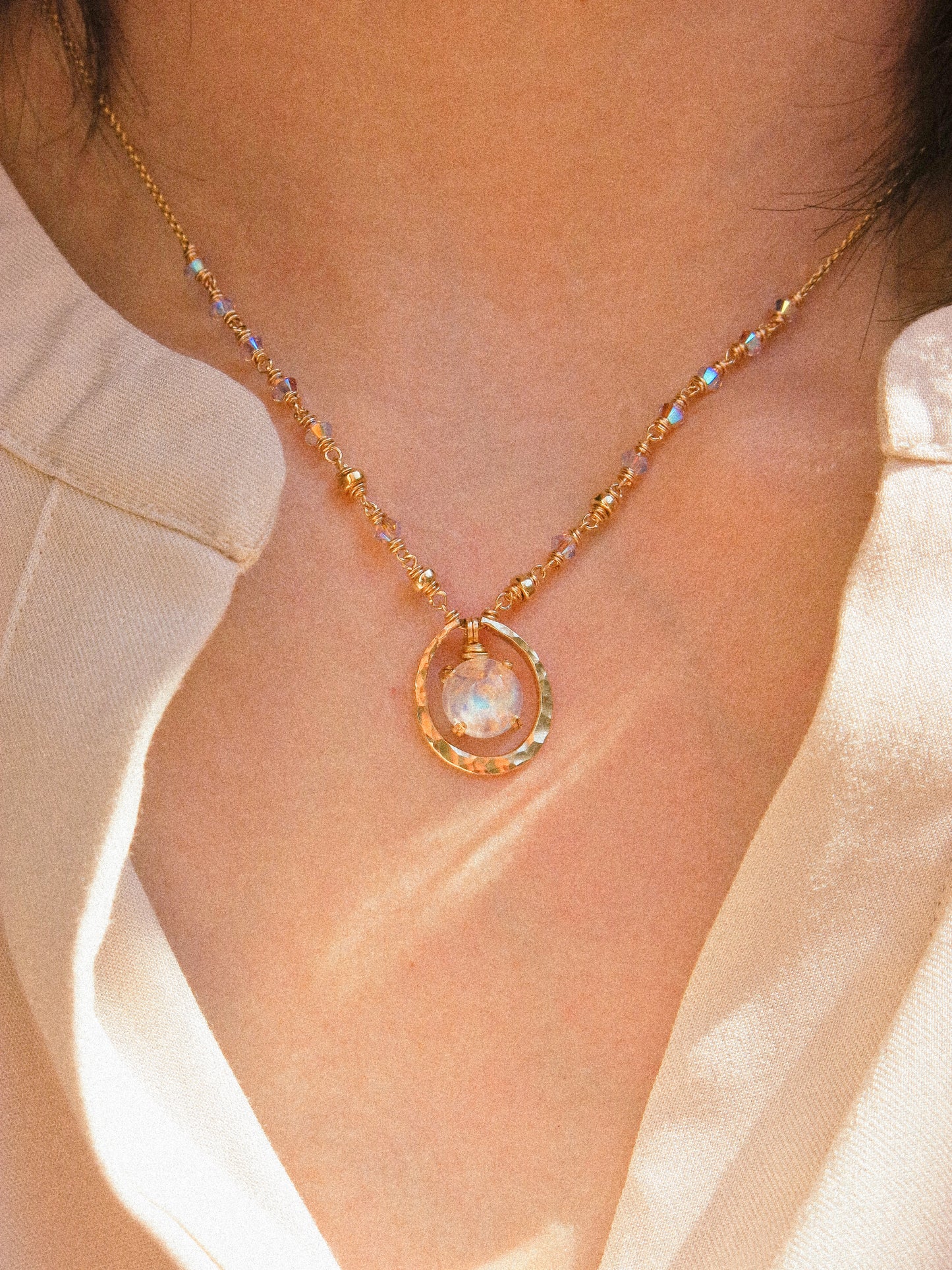 Full Moon Necklace with Rainbow Moonstone in Prong Setting, 14K Gold Fill