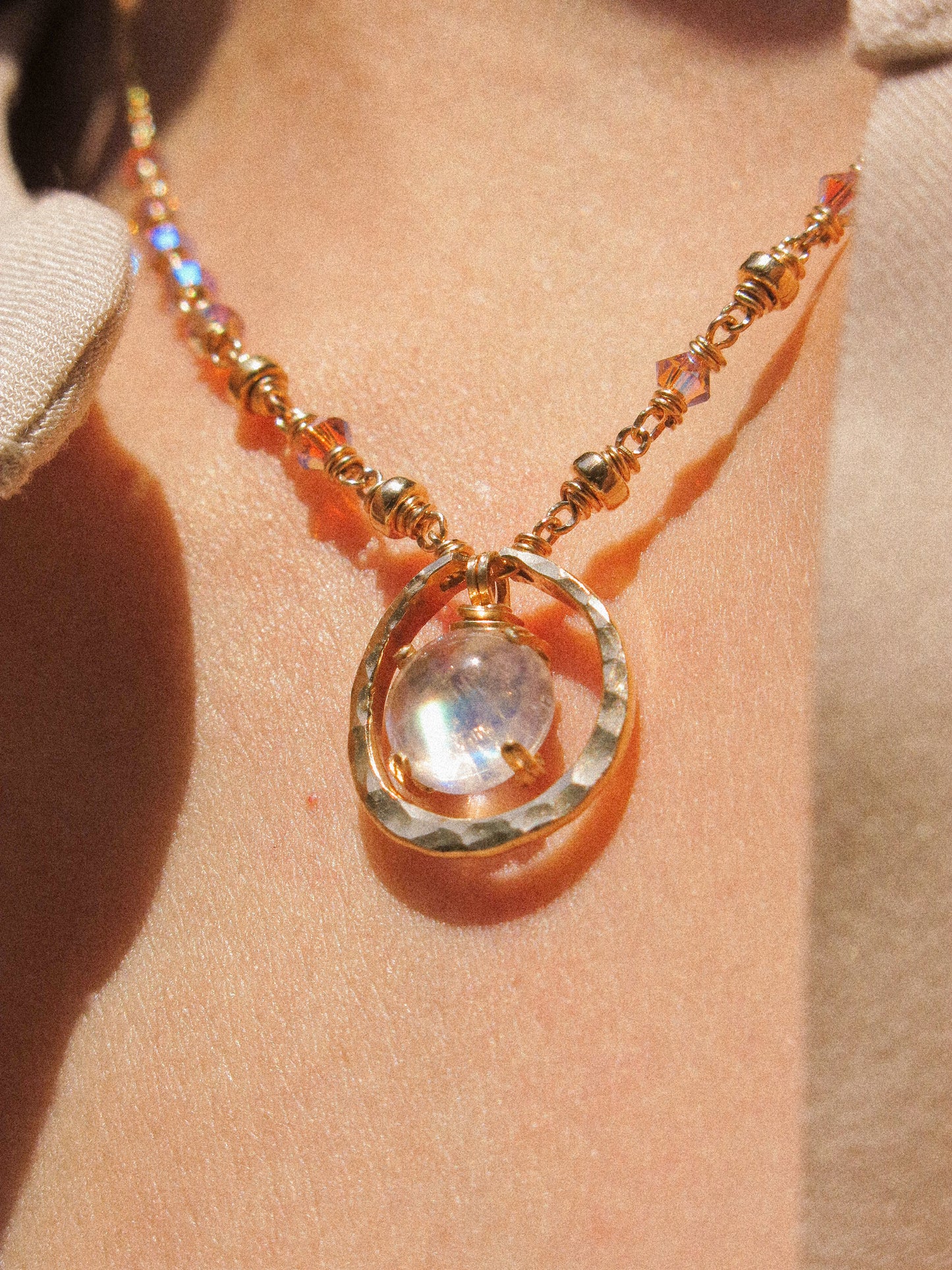 Full Moon Necklace with Rainbow Moonstone in Prong Setting, 14K Gold Fill