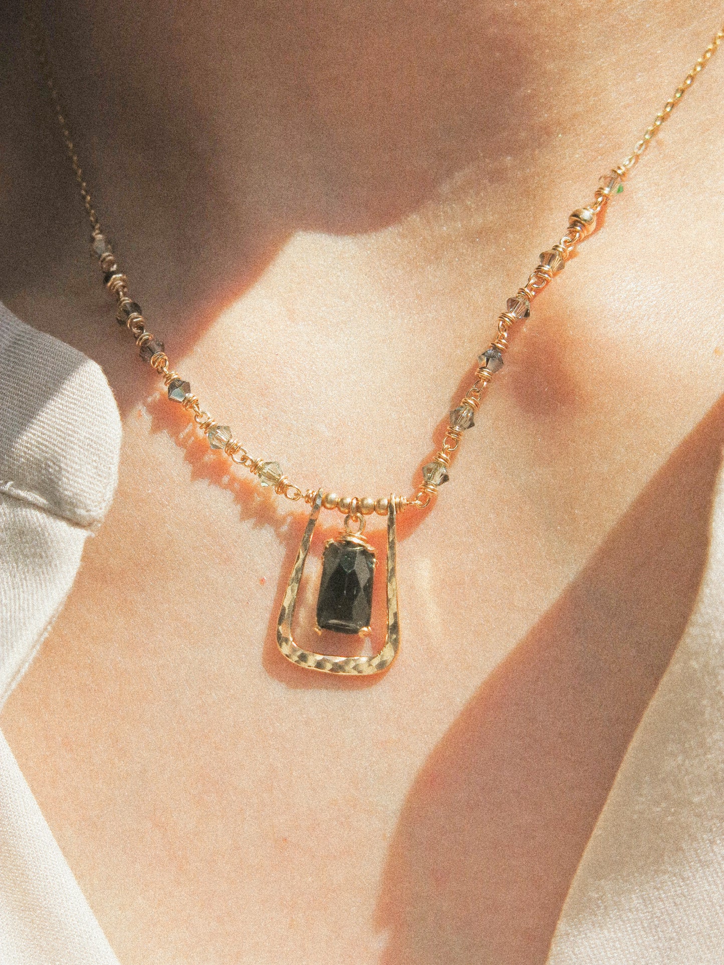 Deep Teal Step Cut Tourmaline Necklace in Prong Setting with Textured Rectangle Frame and Ombré Swarovski Crystal, 14K Gold Fill, 16”