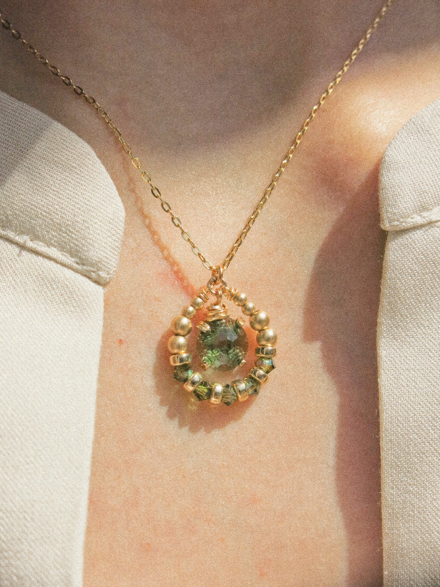 Suila Necklace in Prong Set Rose Cut Light Green Tourmaline with Swarovski Crystal, 14K Gold Fill, 16”