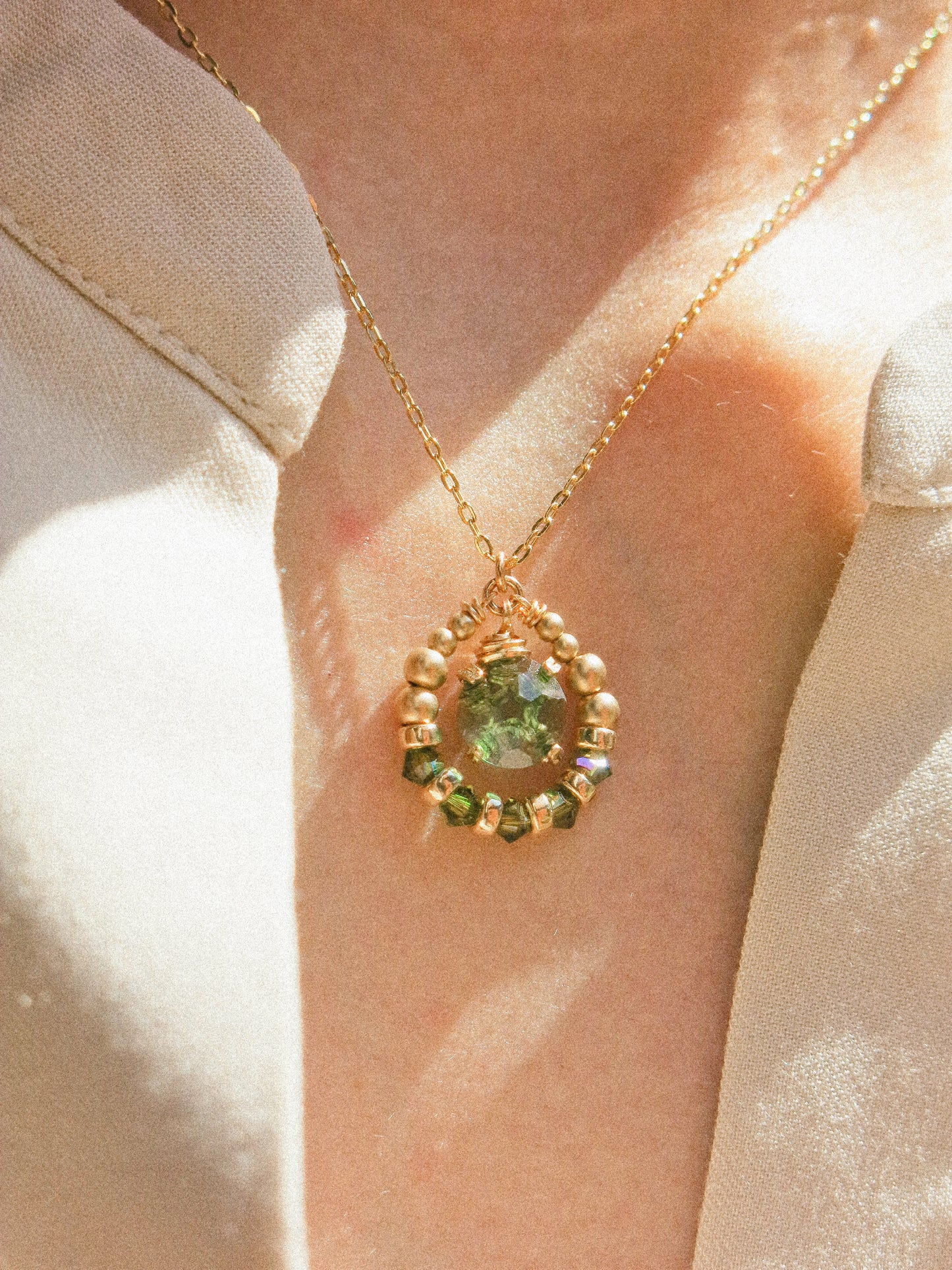 Suila Necklace in Prong Set Rose Cut Light Green Tourmaline with Swarovski Crystal, 14K Gold Fill, 16”