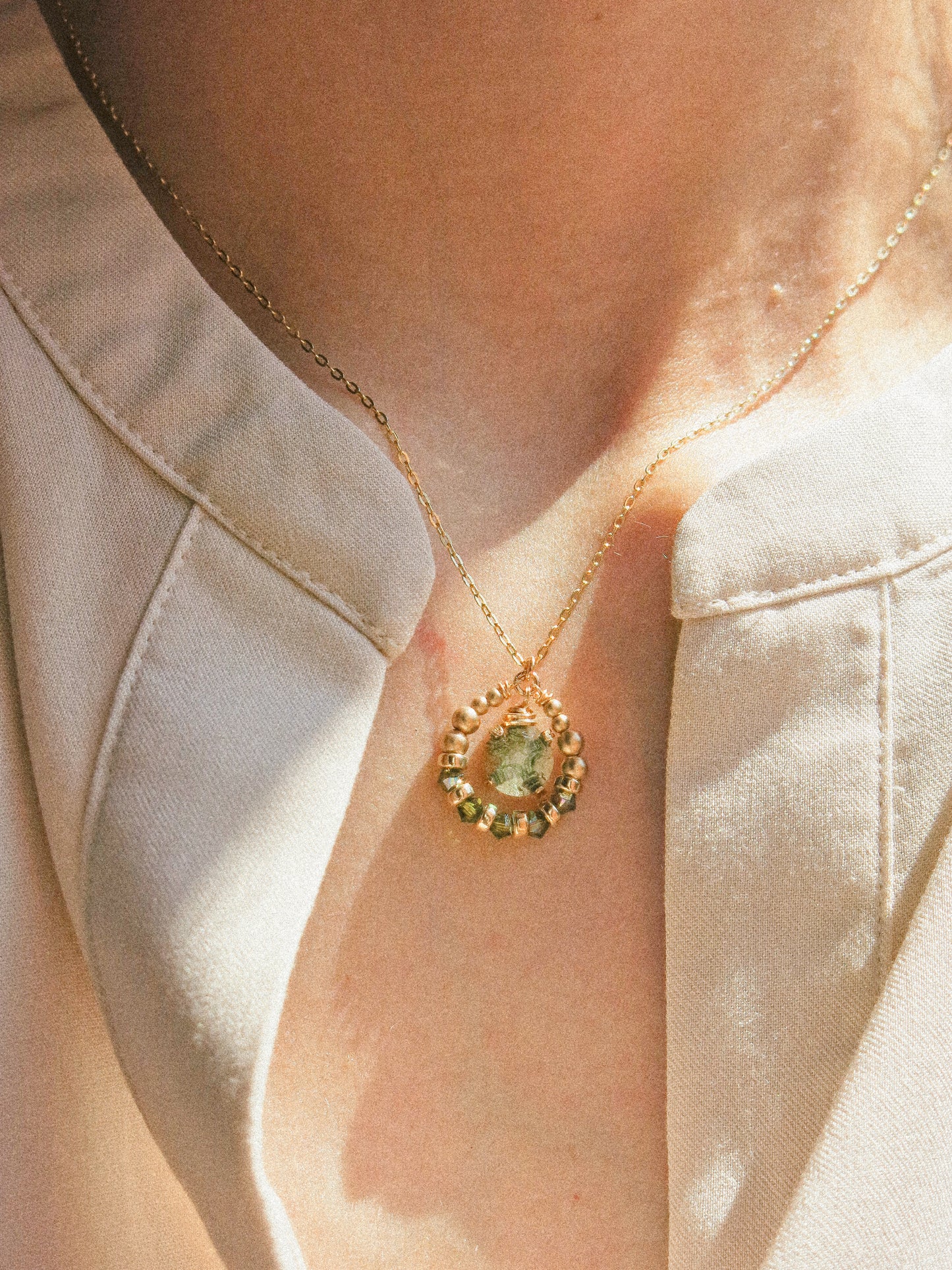 Suila Necklace in Prong Set Rose Cut Light Green Tourmaline with Swarovski Crystal, 14K Gold Fill, 16”